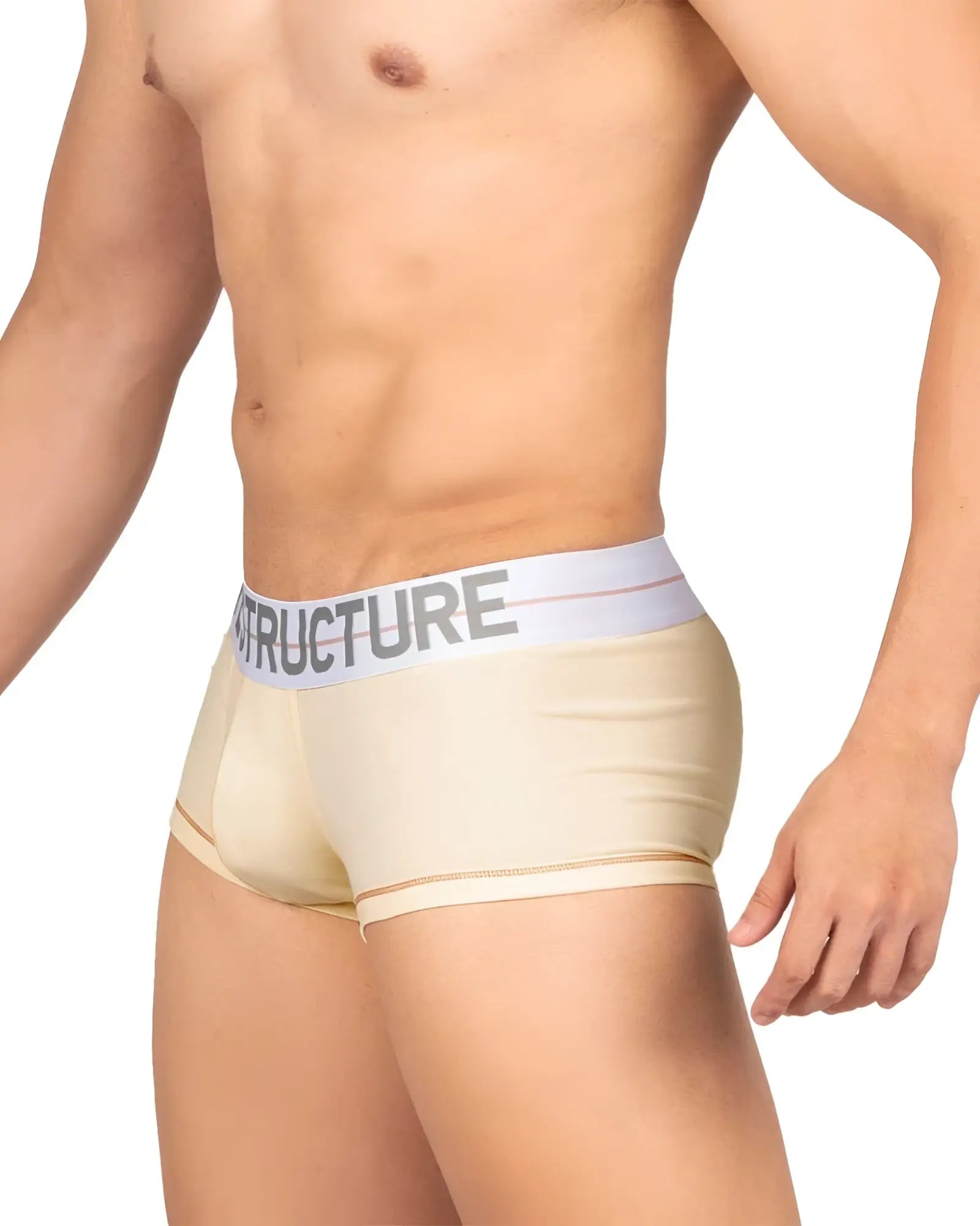 Beige private structure mo lite mid waist trunk boxer briefs with white elastic waistband and gray structure lettering