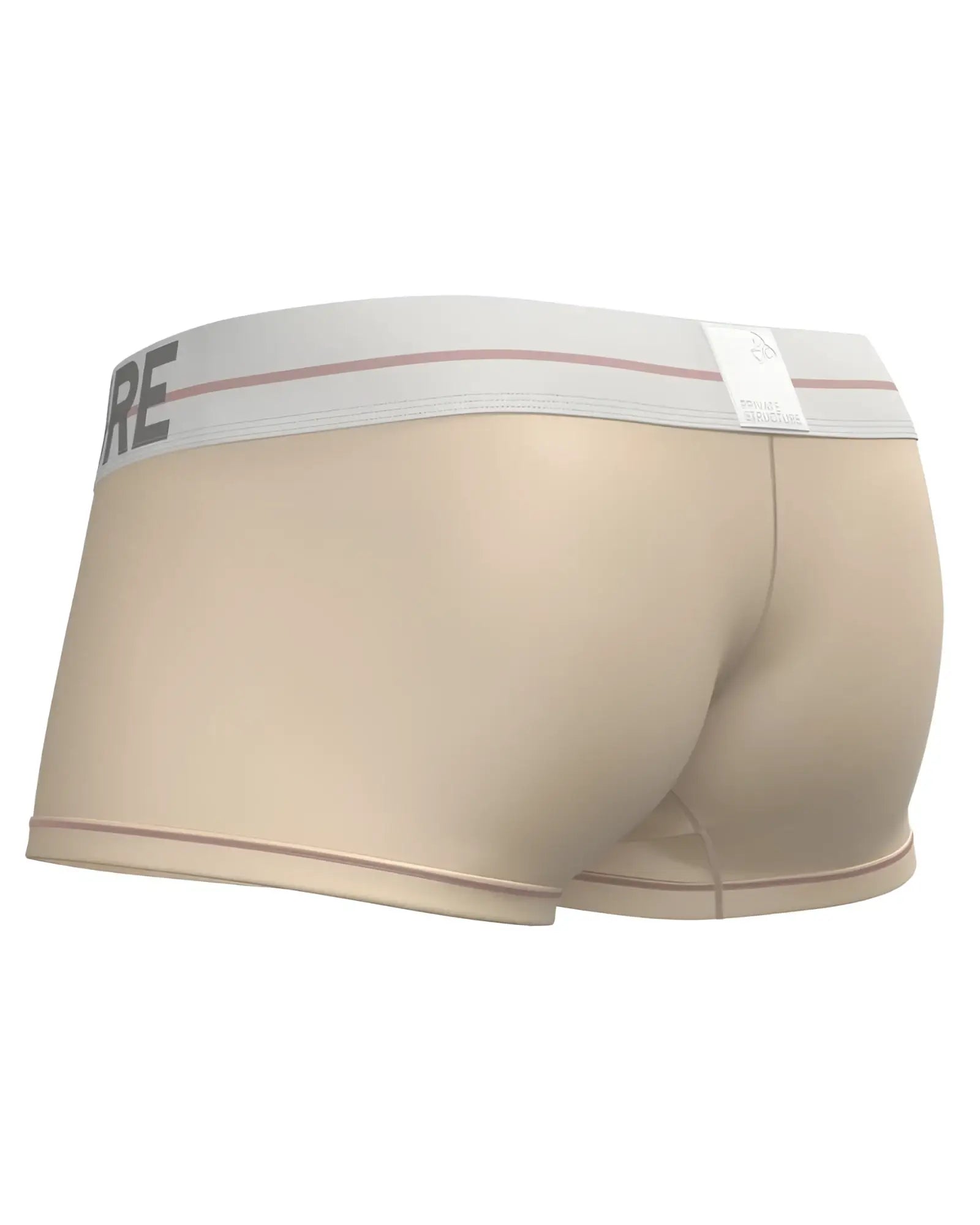 Beige private structure mo lite mid waist trunk briefs with white elastic waistband and gray lettering in cream color