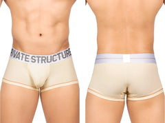 Beige private structure mo lite mid waist trunk with gray and white logo elastic waistband in cream color