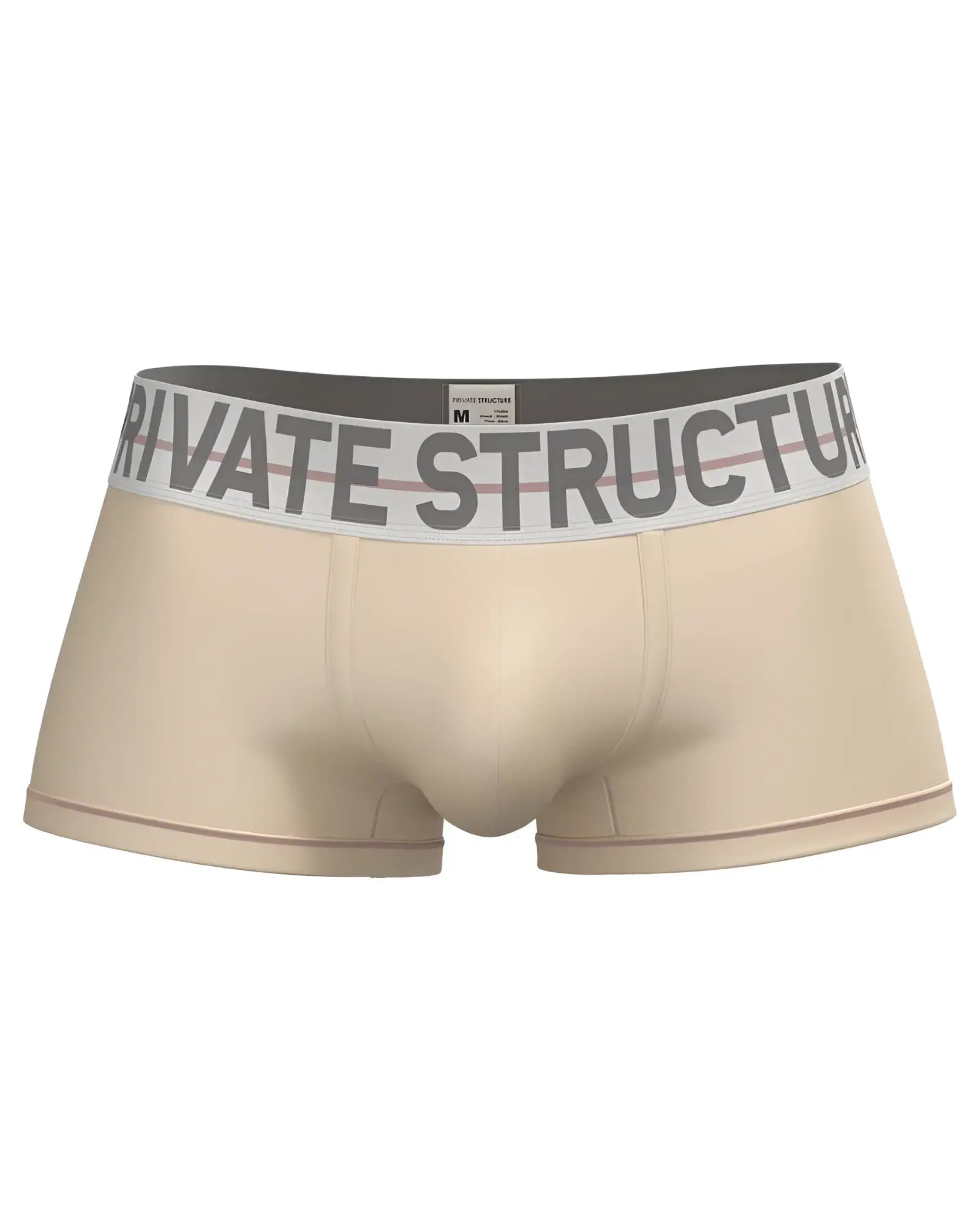 Beige men’s briefs with gray and white elastic waistband branded private structure in cream color mid waist trunk design