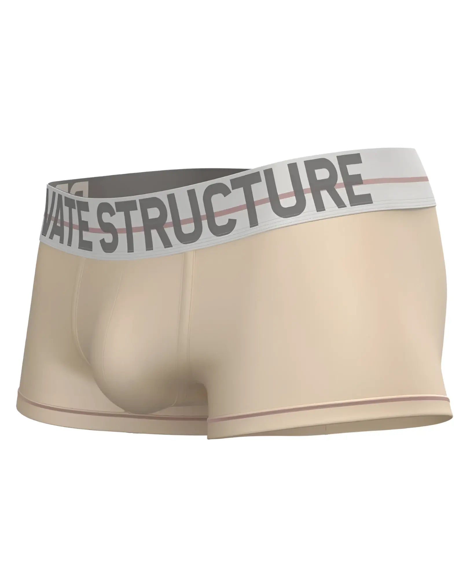 Beige men’s mid waist briefs with gray private structure waistband and thin pink stripes color cream