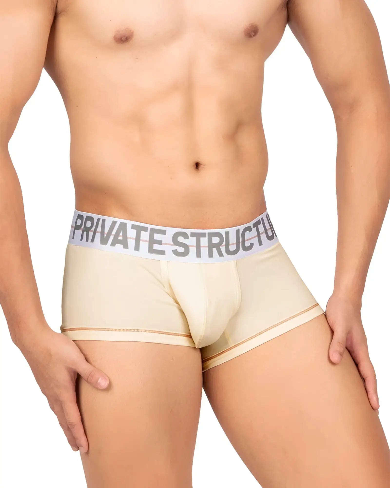 Beige private structure moux4103 mo lite mid waist trunk briefs with gray waistband and bold black logo