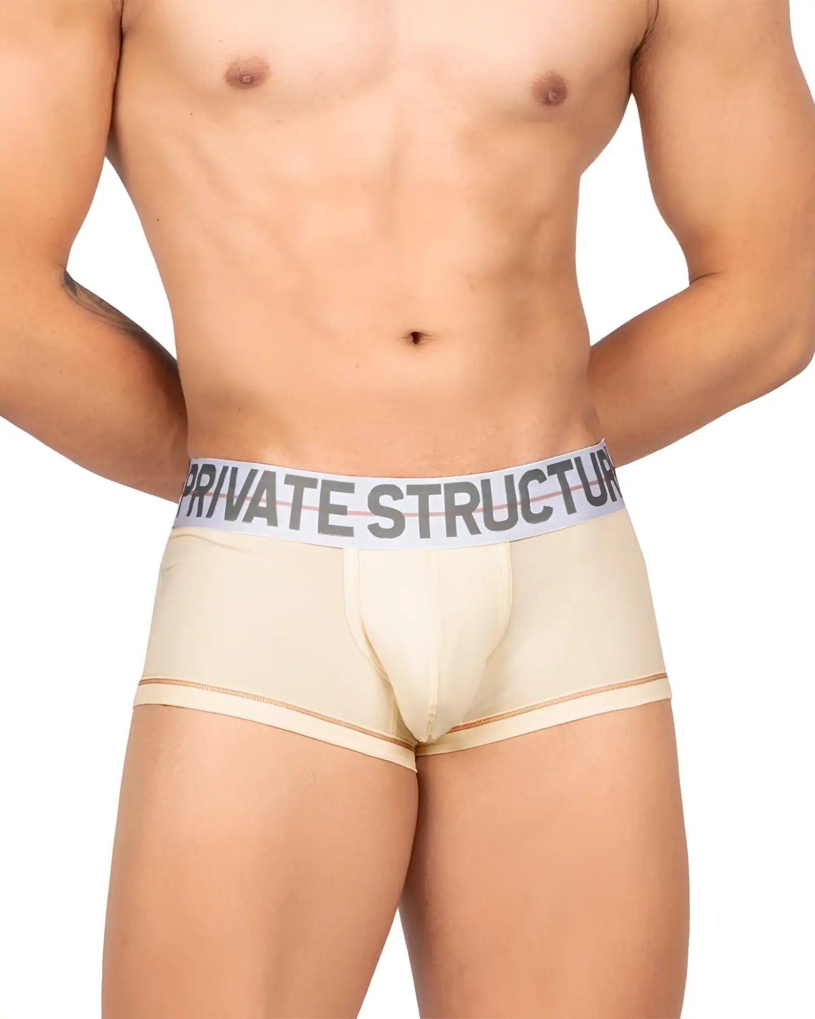 Cream men’s boxer briefs with white elastic waistband and private structure branding mid waist trunk mo lite model