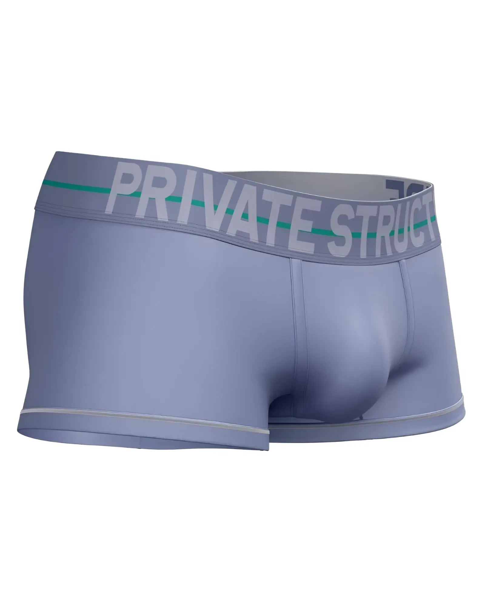 Light blue mens briefs with gray waistband featuring private structure logo and green stripe in lilac mo lite trunk design