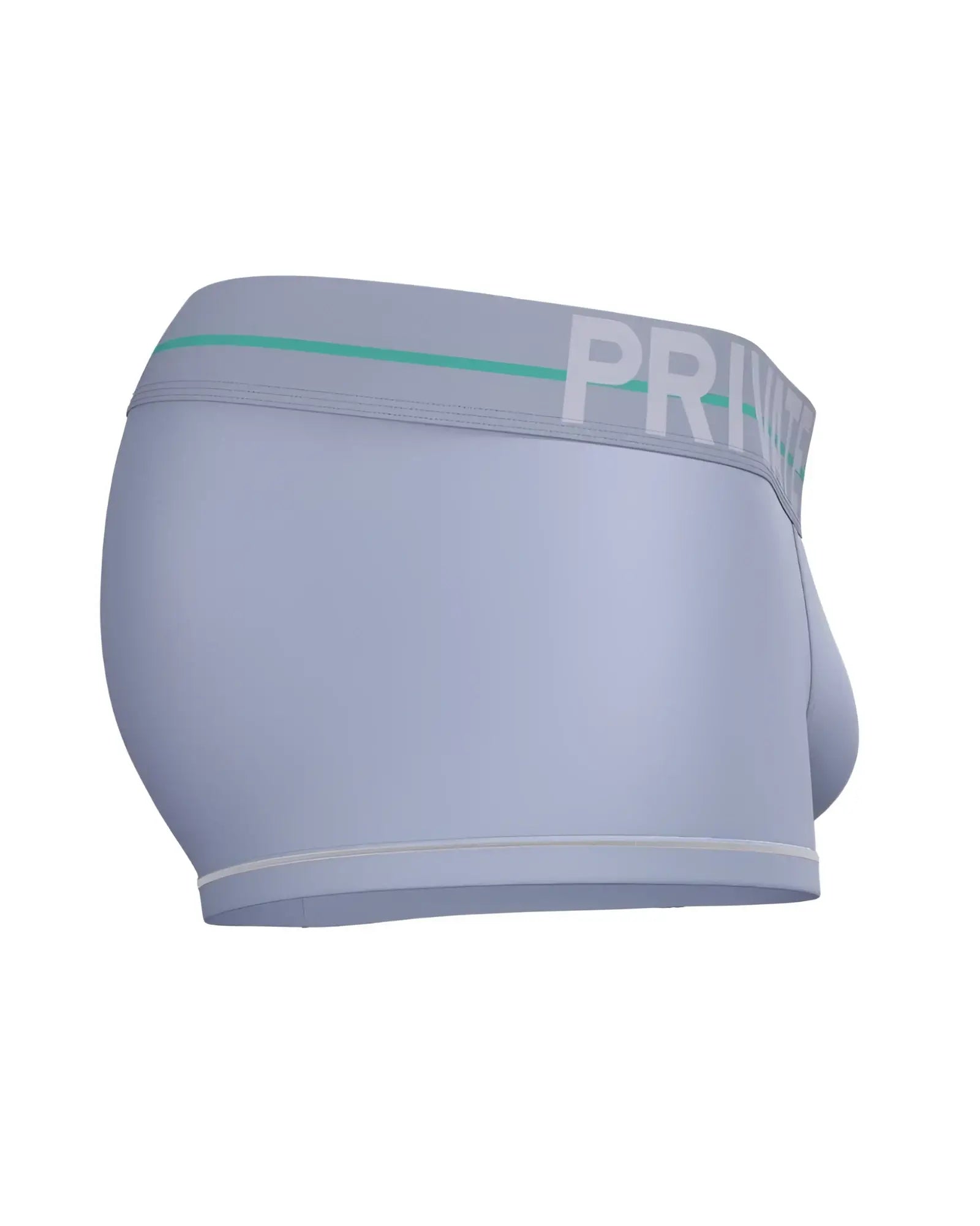 Light gray private structure mo lite mid waist trunk briefs with teal stripe and white prim branding on waistband in lilac
