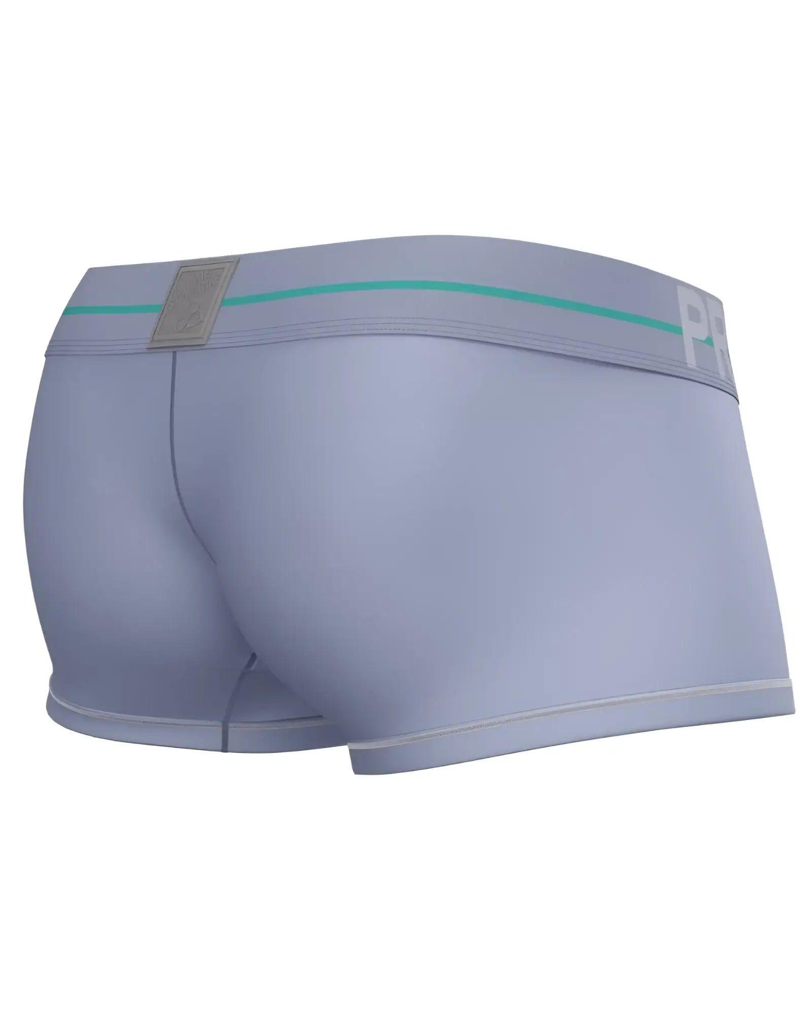 Light gray men’s boxer briefs with teal stripe and silver logo tag from private structure moux4103 mo lite mid waist trunk lilac