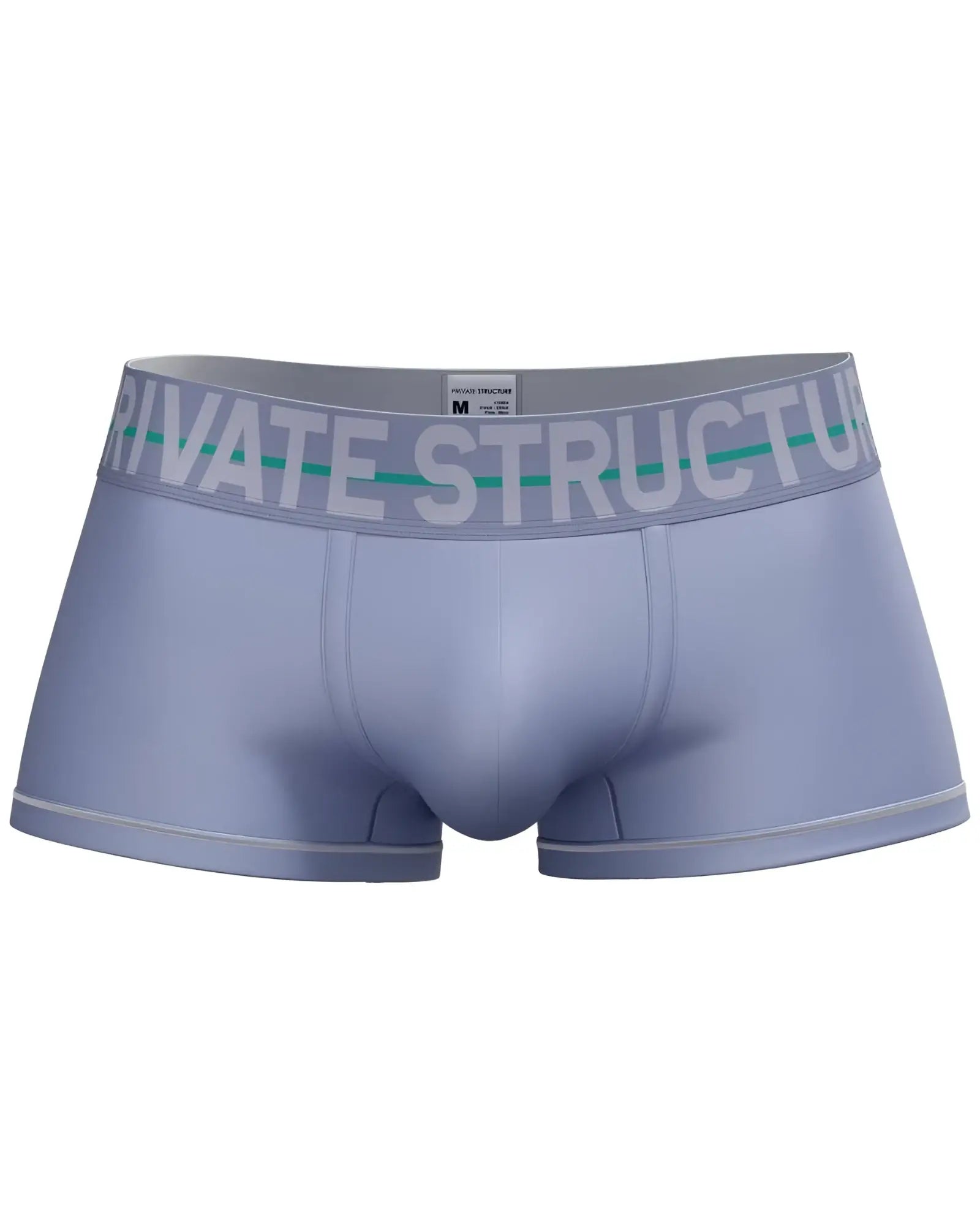 Light gray private structure men’s mid waist boxer briefs with white logo waistband and thin teal stripe in lilac color