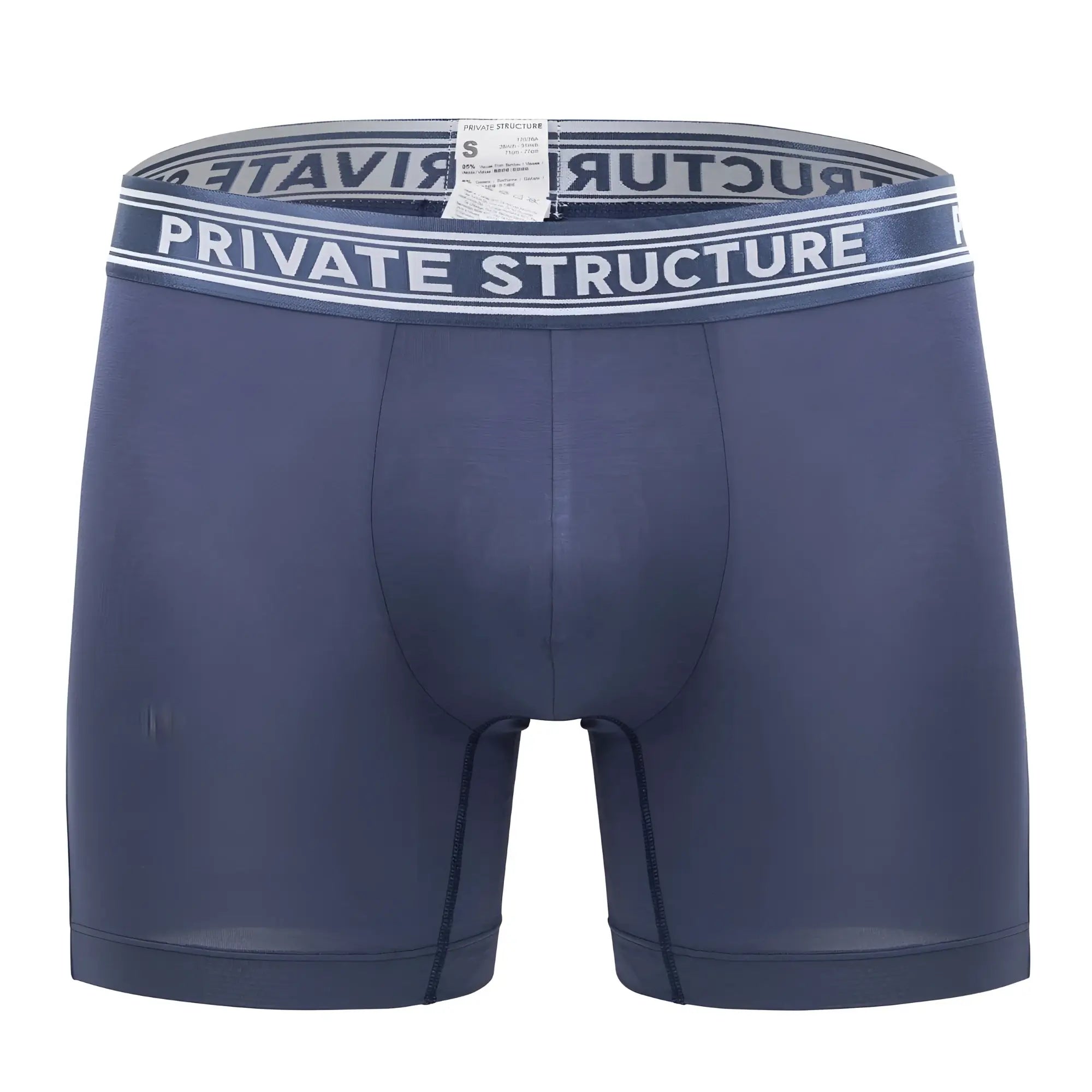 Dark blue private structure bamboo mid waist boxer briefs with gray waistband and logo in white lettering