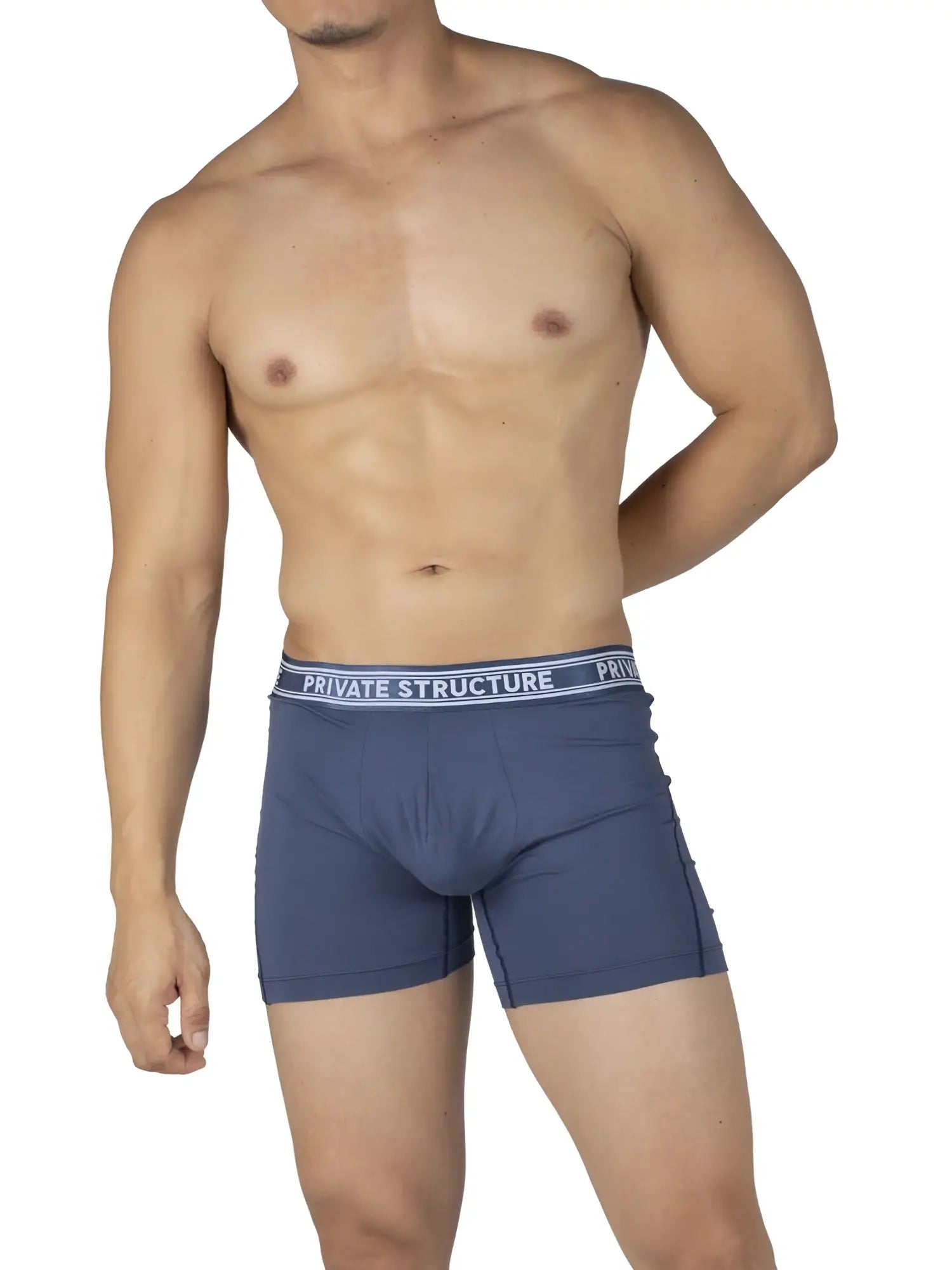 Men’s private structure citadel blue bamboo mid waist boxer briefs with white branded elastic waistband