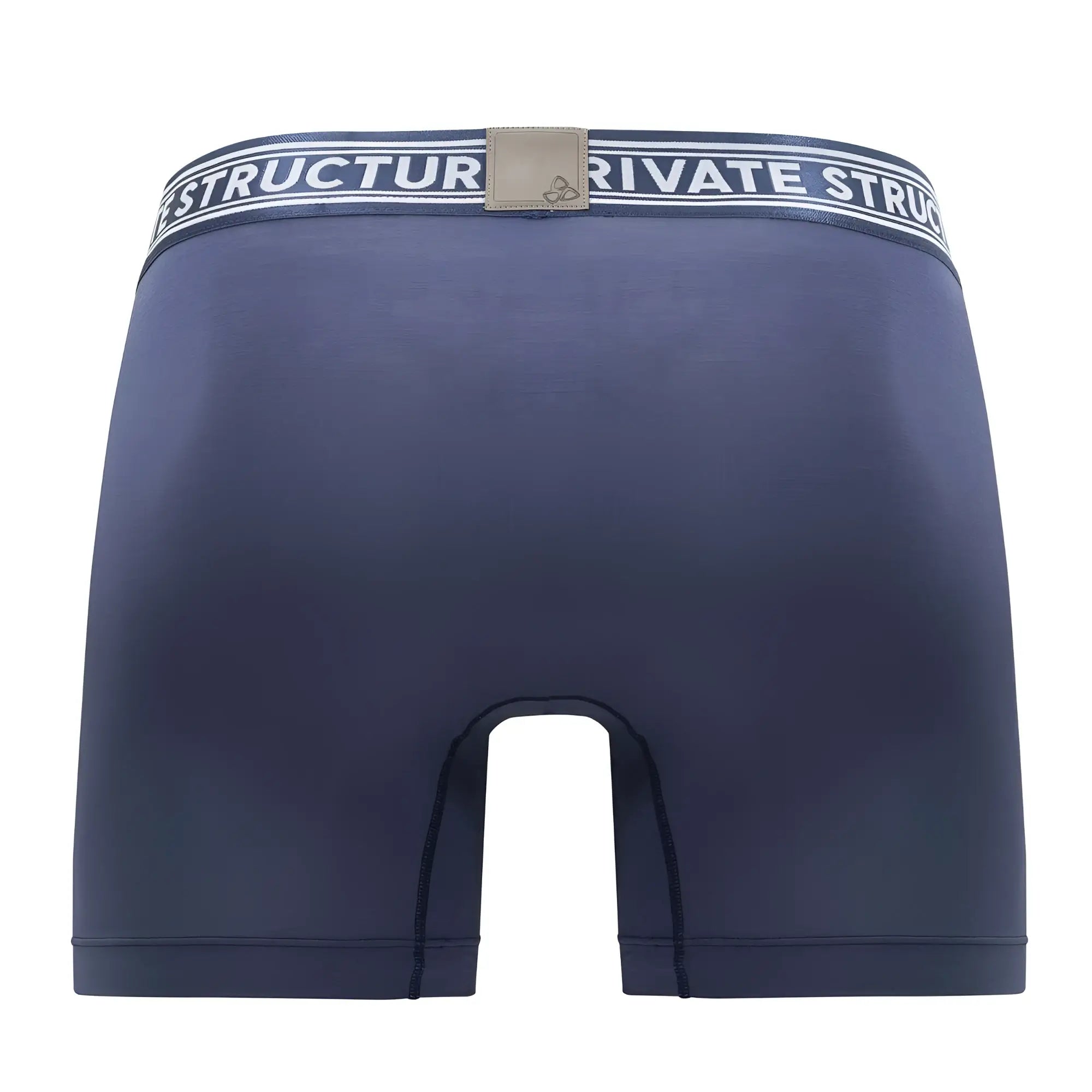 Private structure pb1938 bamboo mid waist boxer briefs in citadel blue with striped waistband and beige logo patch