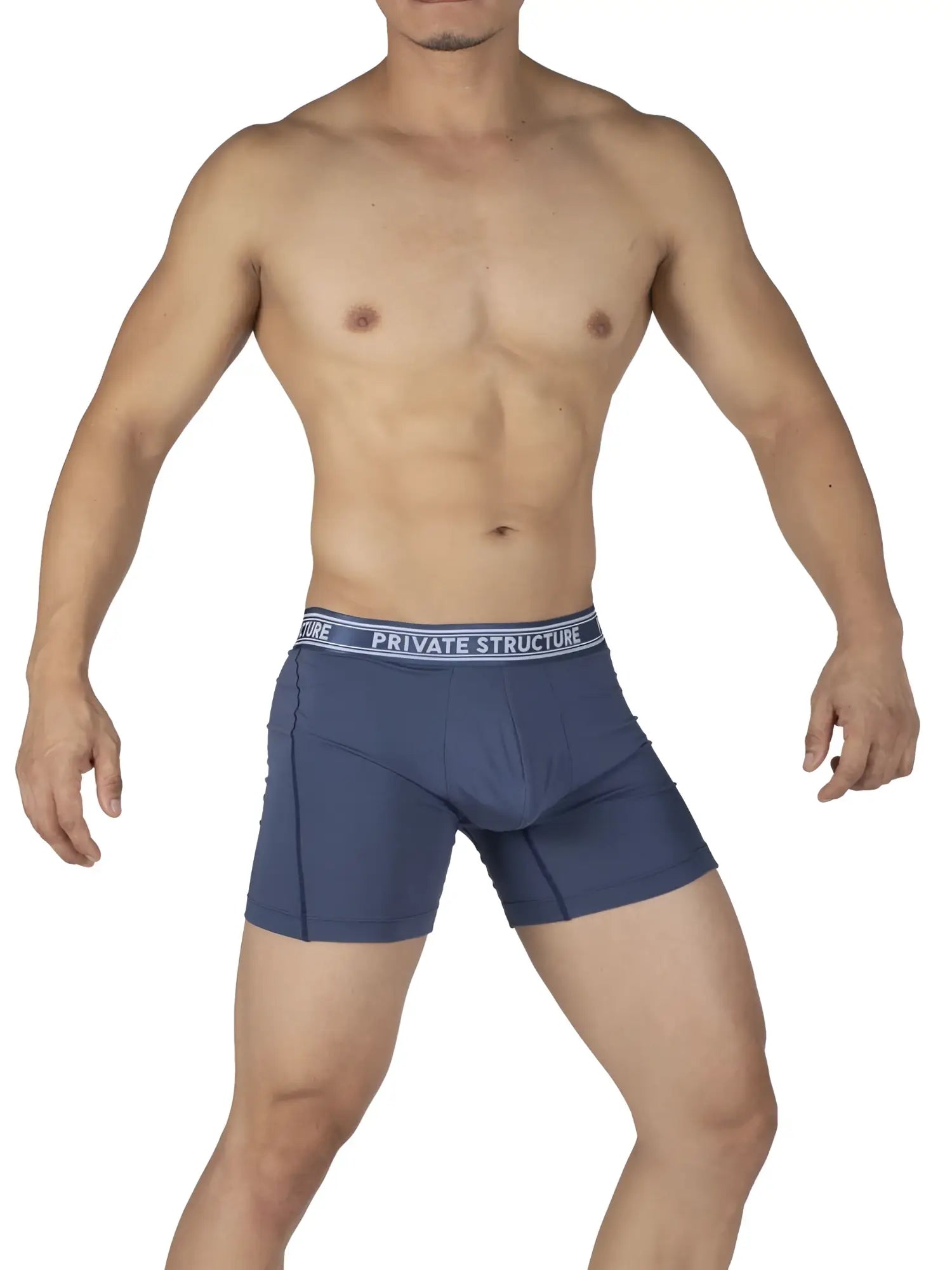 Dark blue private structure bamboo mid waist boxer briefs with white branded elastic waistband in citadel blue color