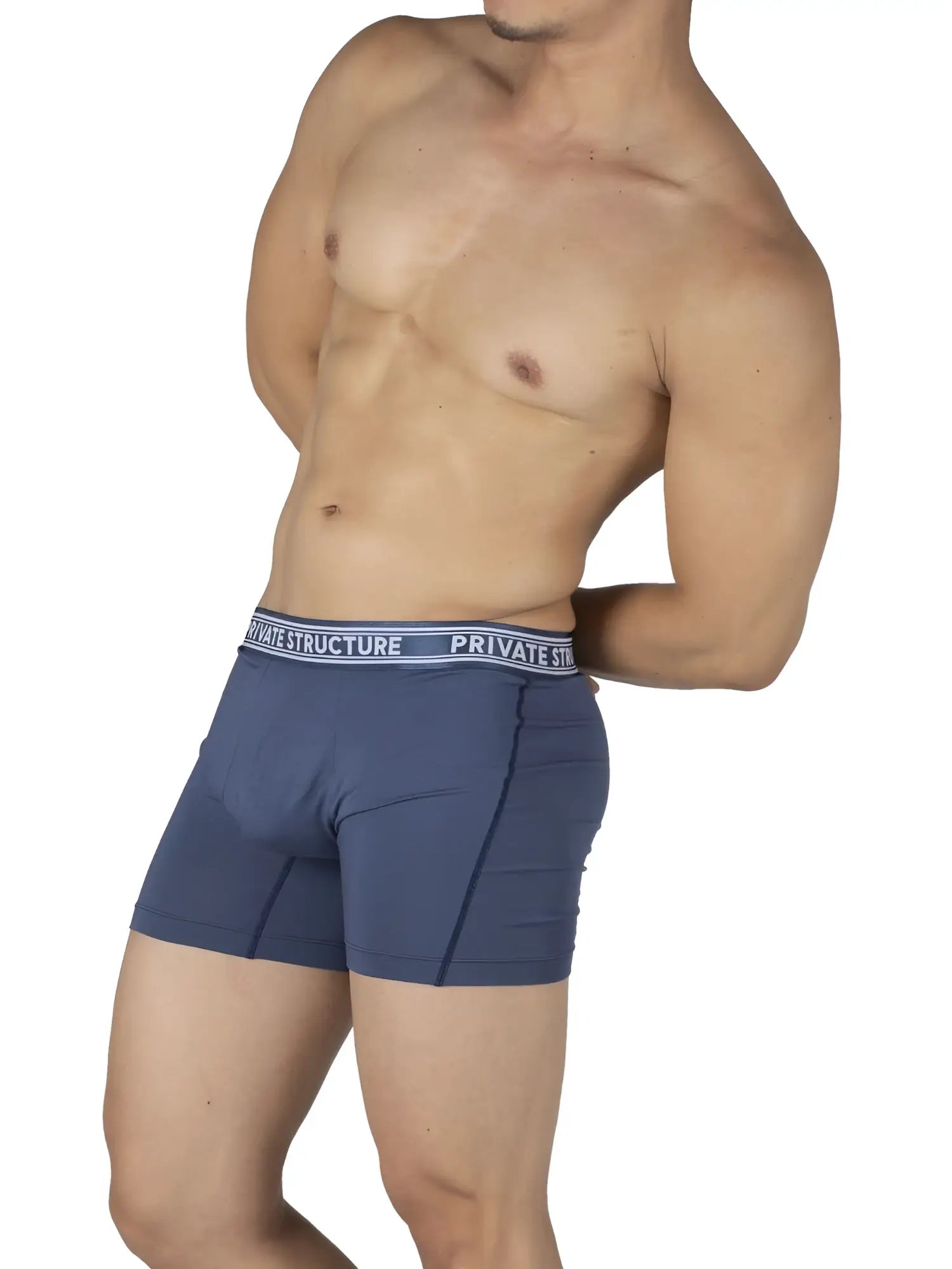 Blue mens boxer briefs with white elastic waistband and private structure branding made from bamboo fabric