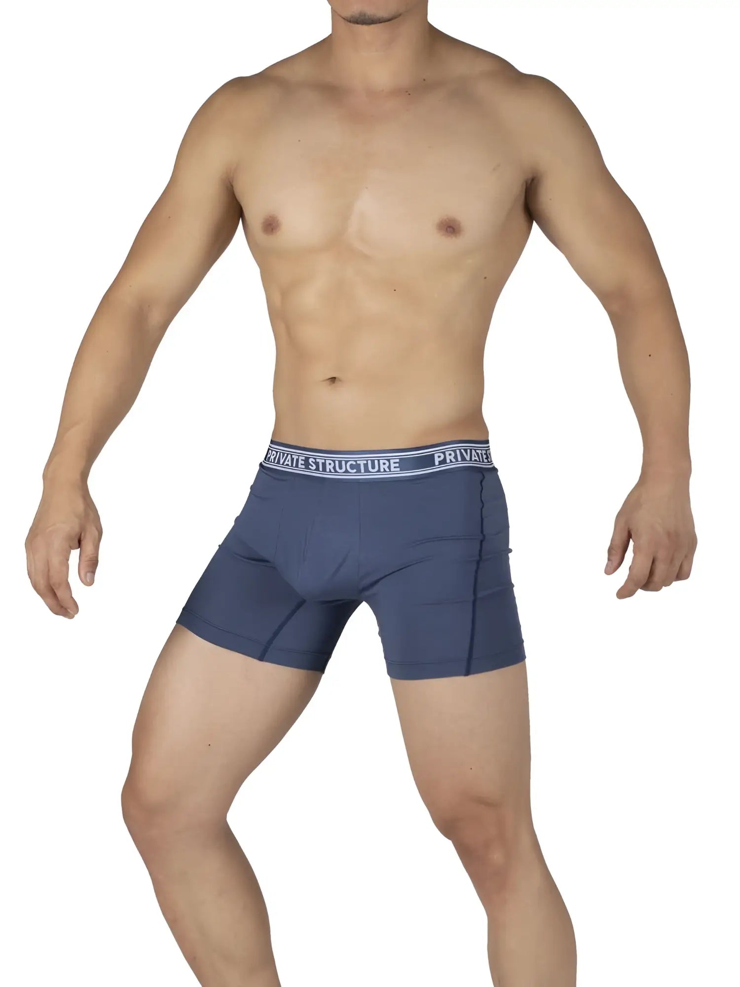 Navy blue private structure bamboo boxer briefs with white elastic waistband and black brand name lettering