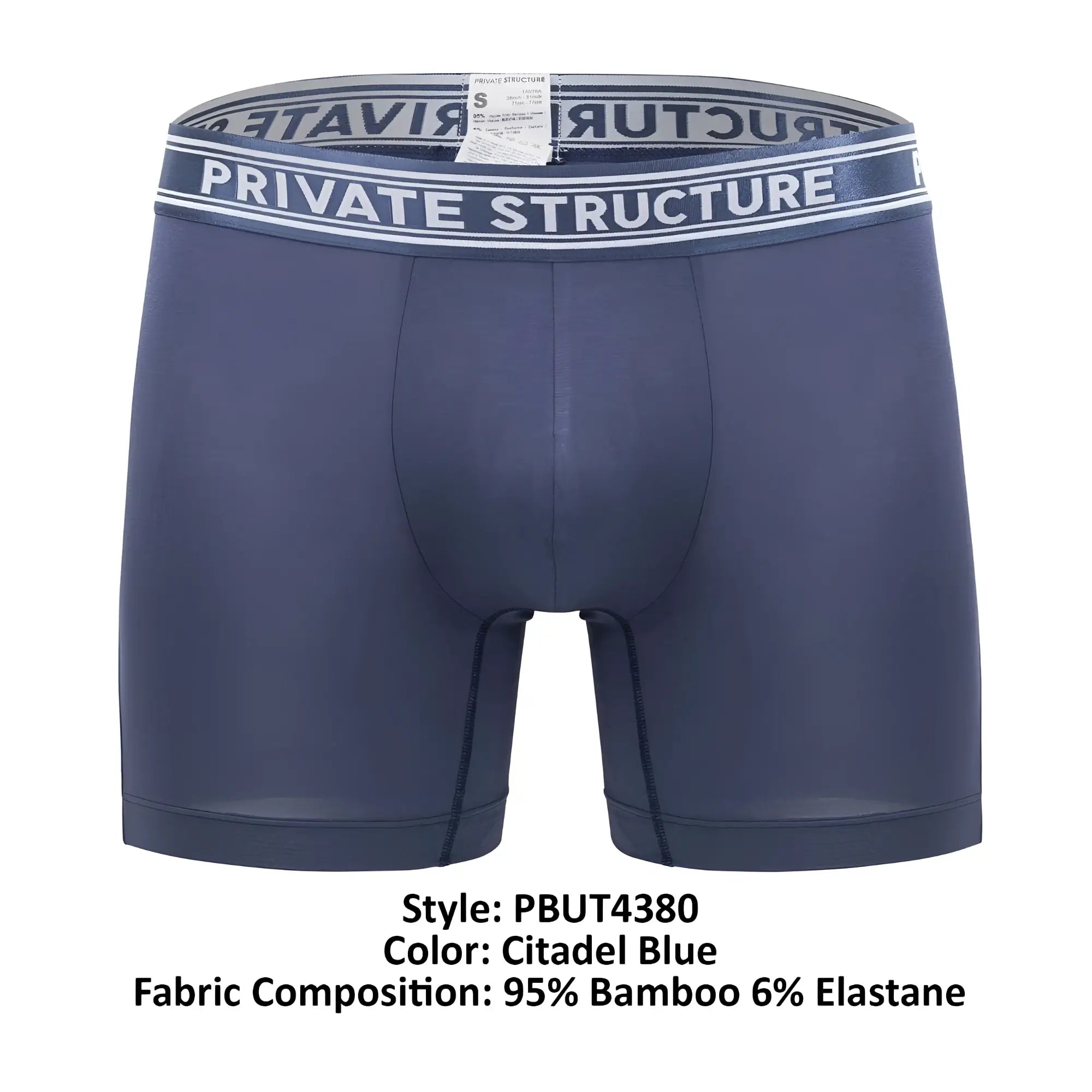 Navy blue private structure bamboo mid waist boxer briefs with white and gray branded elastic waistband