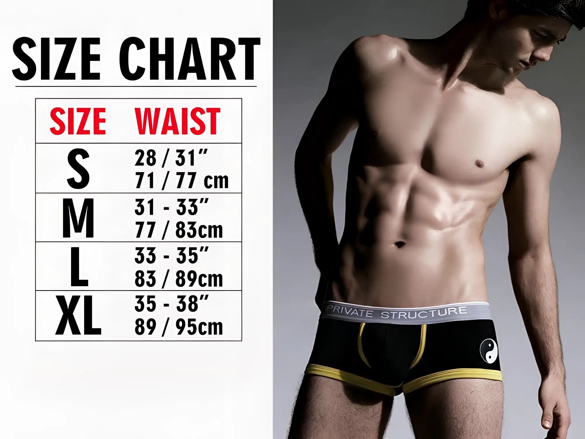 Black private structure platinum bamboo briefs with yellow trim and white yin-yang on front and gray waistband