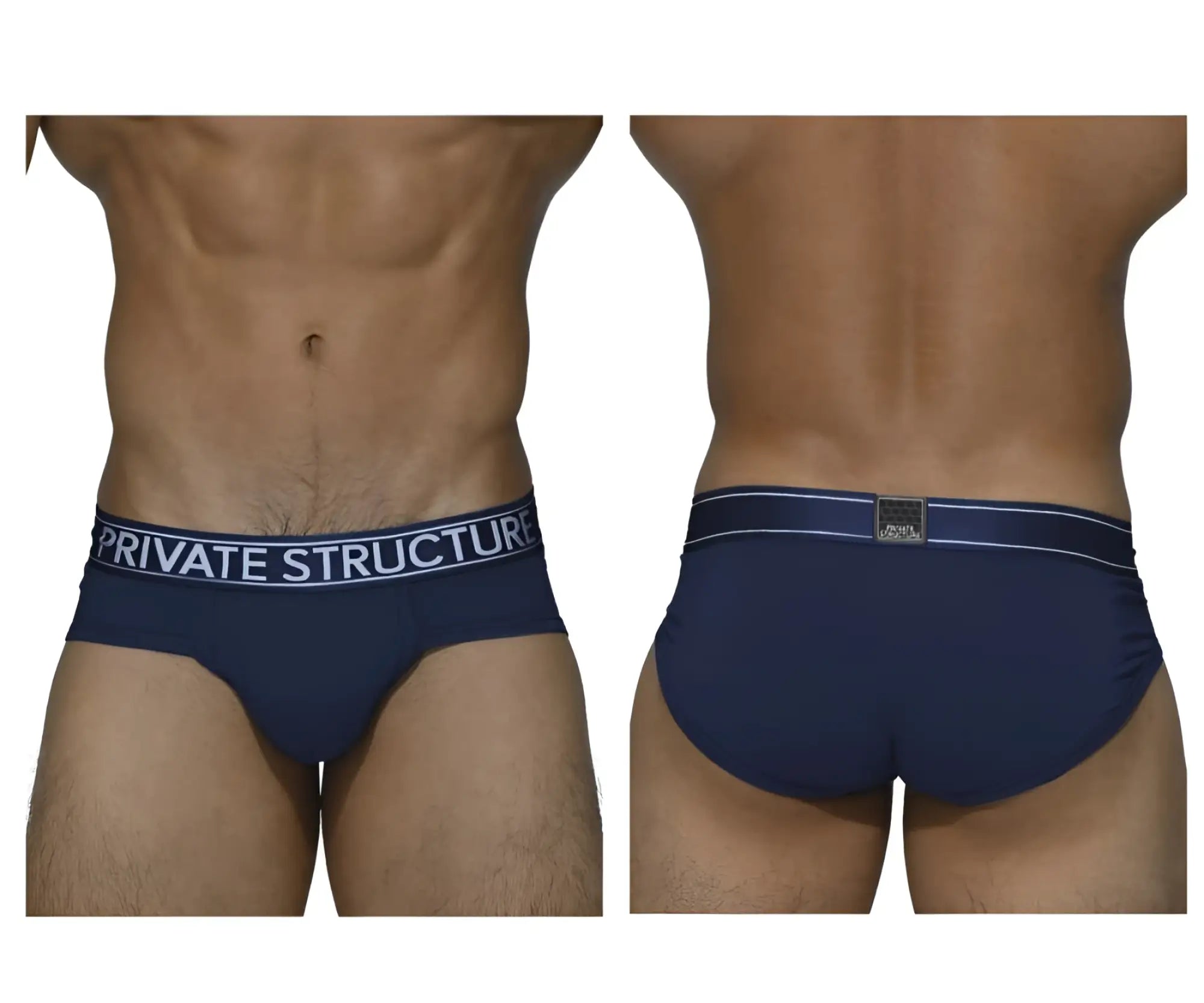Navy blue private structure platinum bamboo briefs with white waistband branding and metallic logo patch at the back