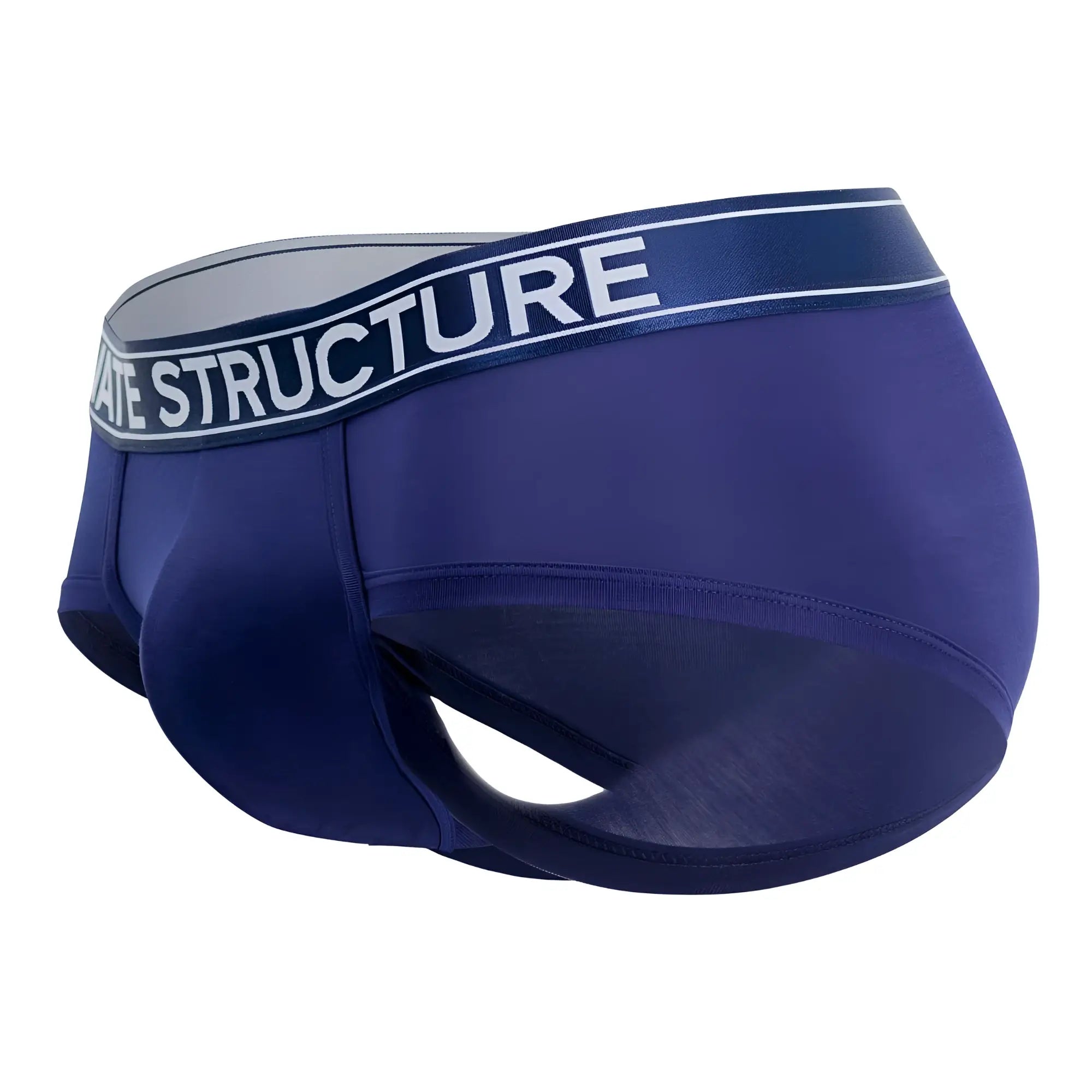 Navy blue private structure platinum bamboo briefs with dark waistband labeled structure in white lettering