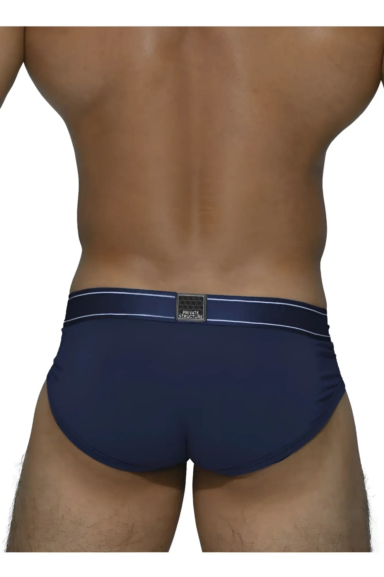 Navy blue private structure platinum bamboo briefs with white trim and black brand label on waistband in midnight navy