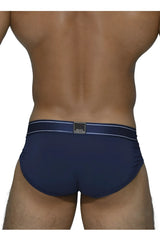 Navy blue private structure platinum bamboo briefs with white trim and black brand label on waistband in midnight navy