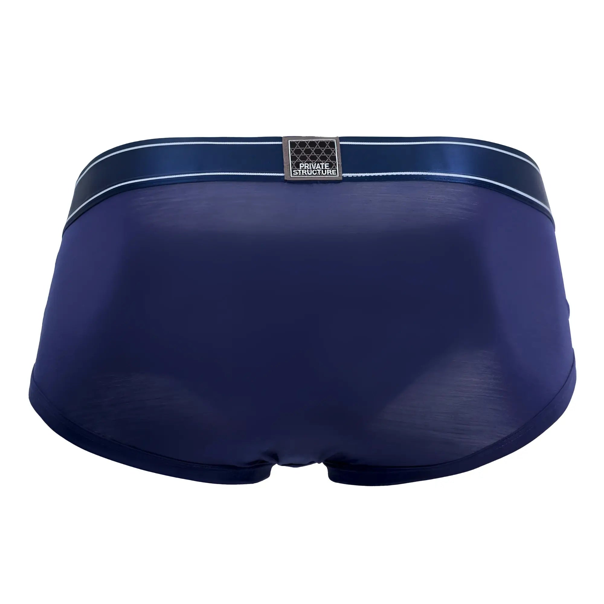 Deep navy blue men’s briefs with a satin waistband, white stripes, and metallic private structure brand patch