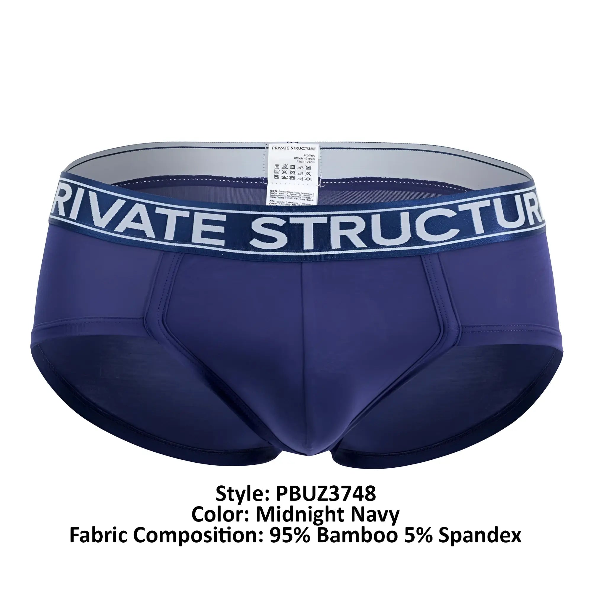 Midnight navy men’s briefs with white private structure waistband made from 95 percent bamboo and 5 percent spandex