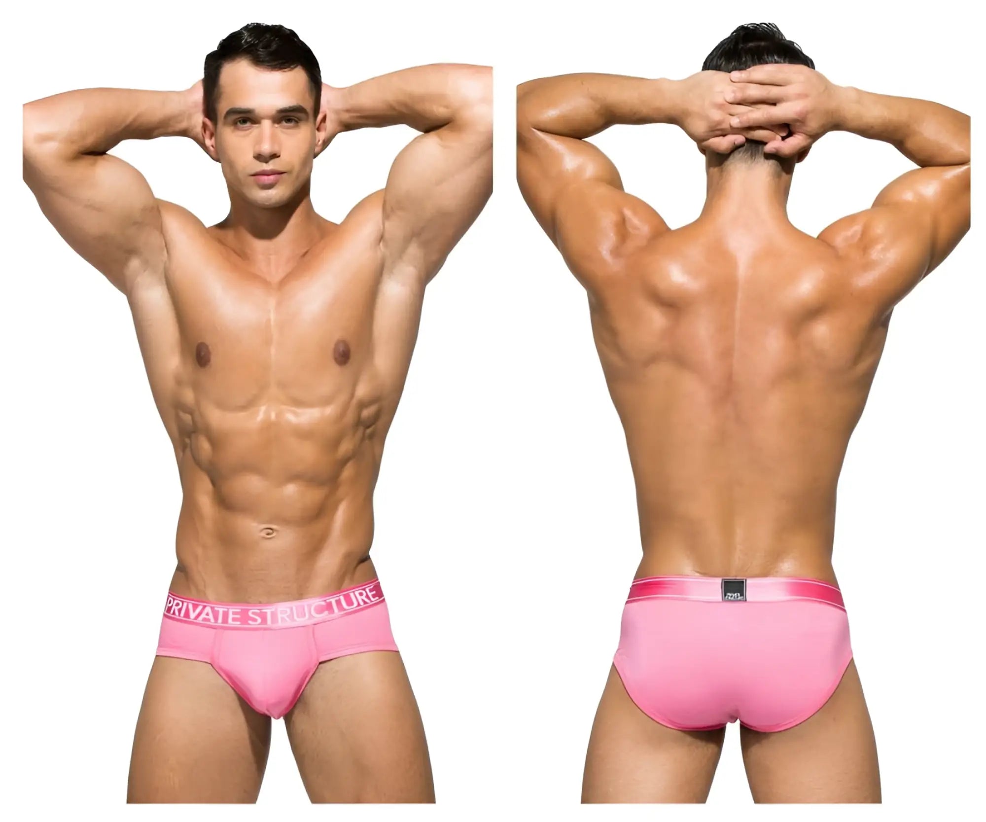 Pink private structure men’s briefs in blush color made from platinum bamboo with contour support and branded waistband