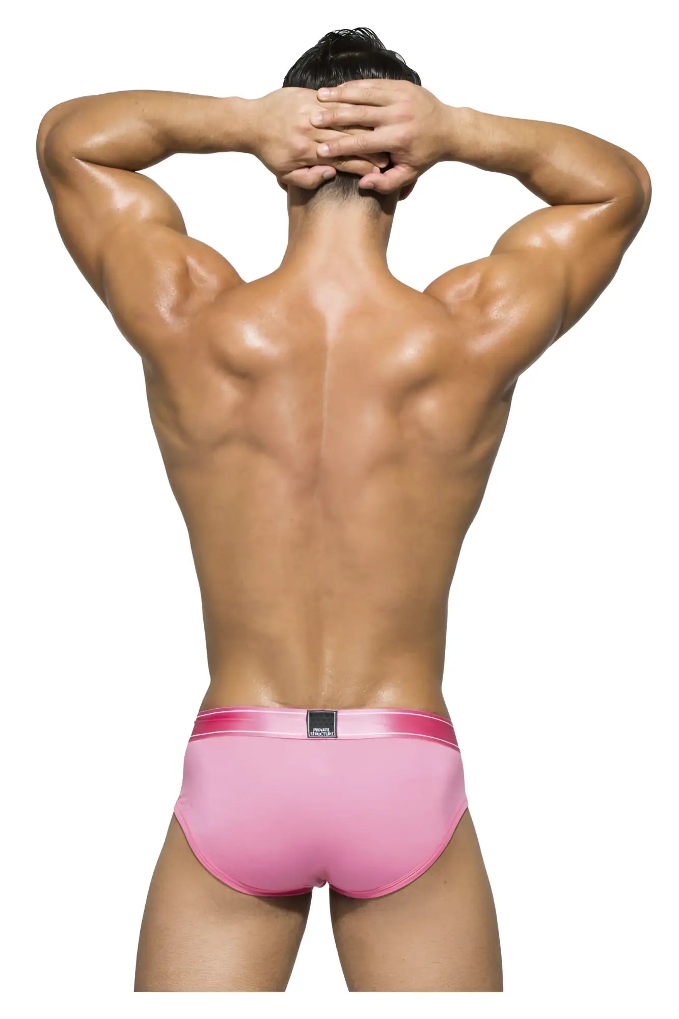 Pink satin briefs with matching elastic waistband from private structure platinum bamboo contour briefs in blush color