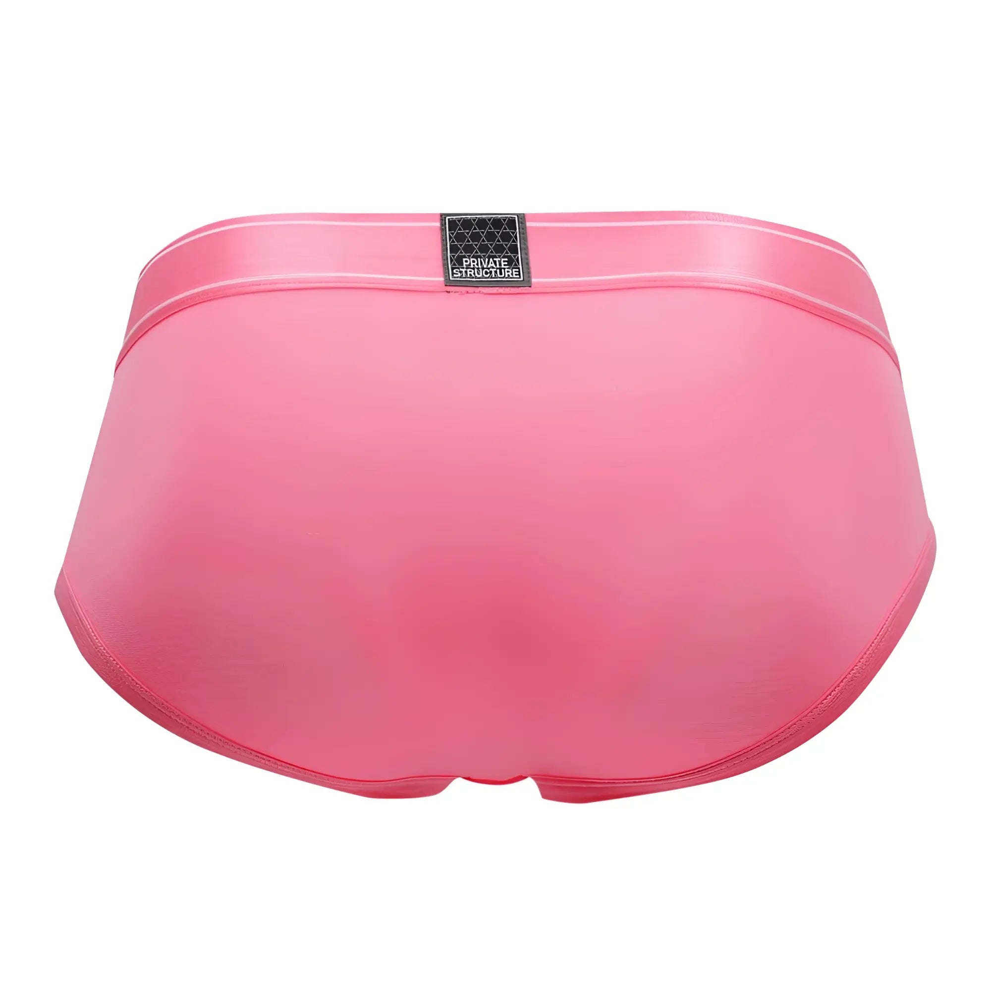Pink satin briefs with black private structure label on waistband from platinum bamboo contour briefs blush color