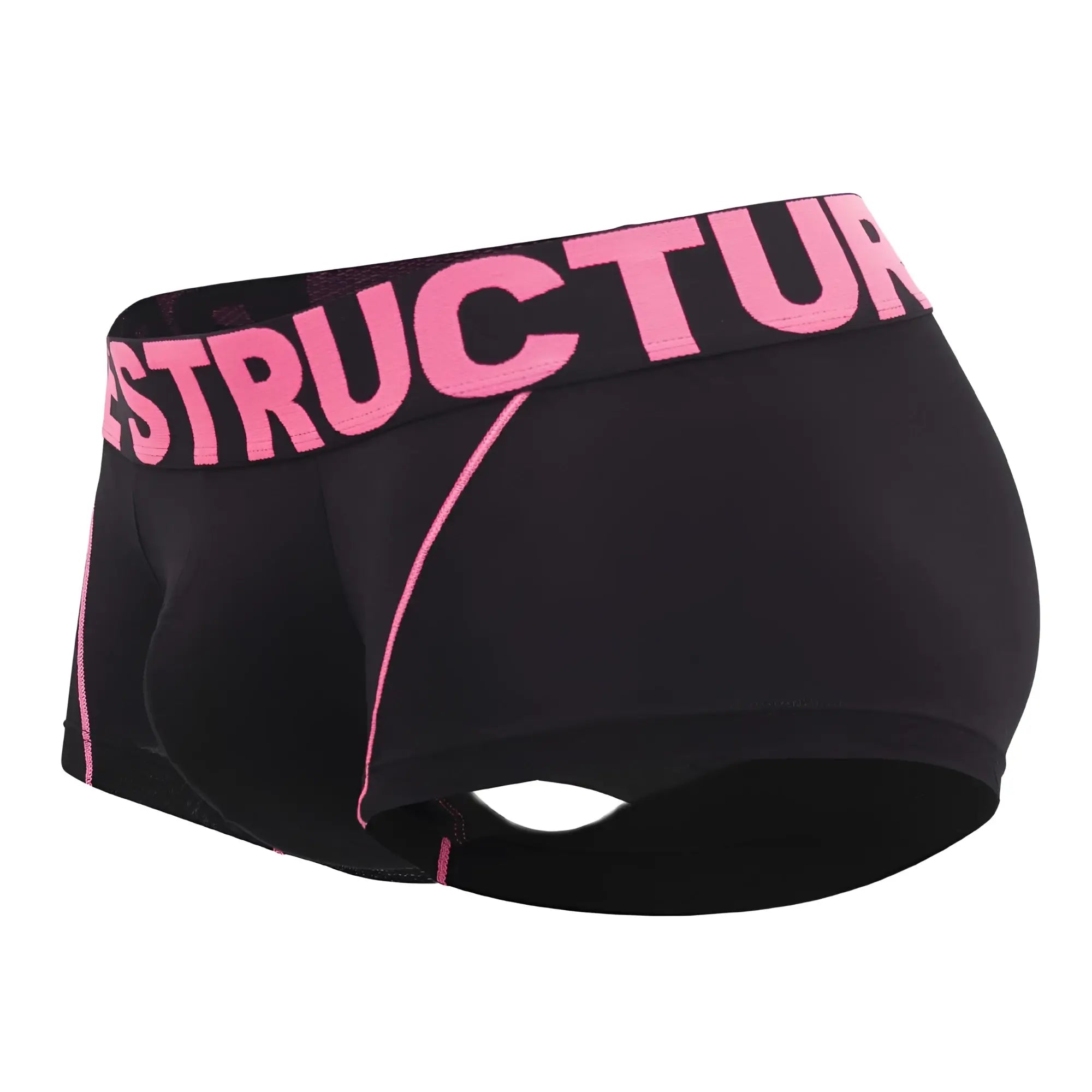 Black private structure pmux4182 modality trunks with bold pink structure waistband lettering and matching side stitching