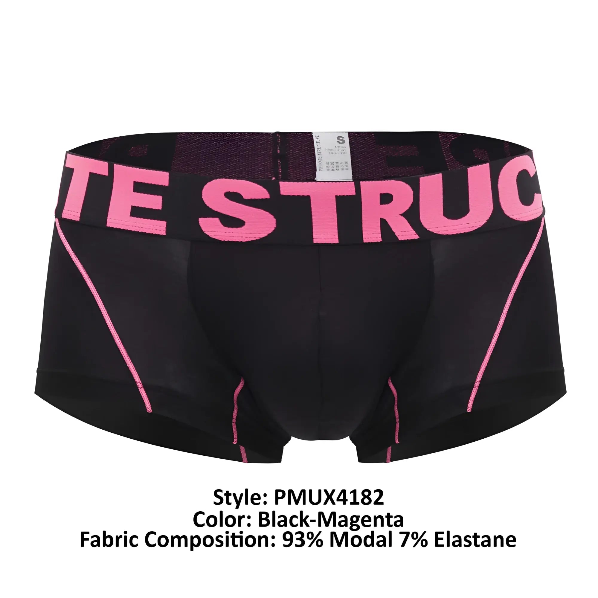 Black and magenta Private Structure PMUX4182 Modality trunks with bold pink lettering on waistband for athletic wear