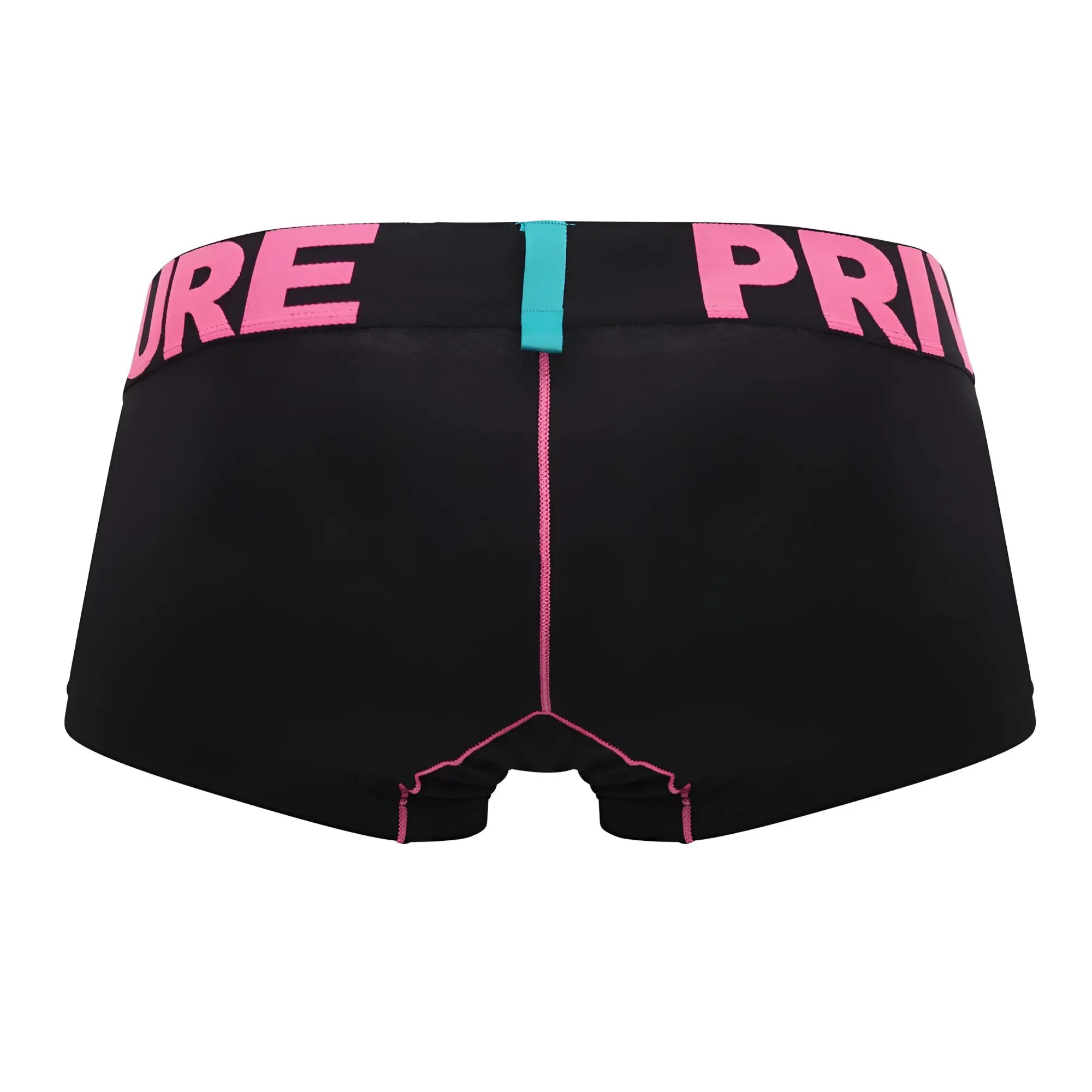 Black brief trunks with bold pink lettering on waistband and matching pink stitching by private structure