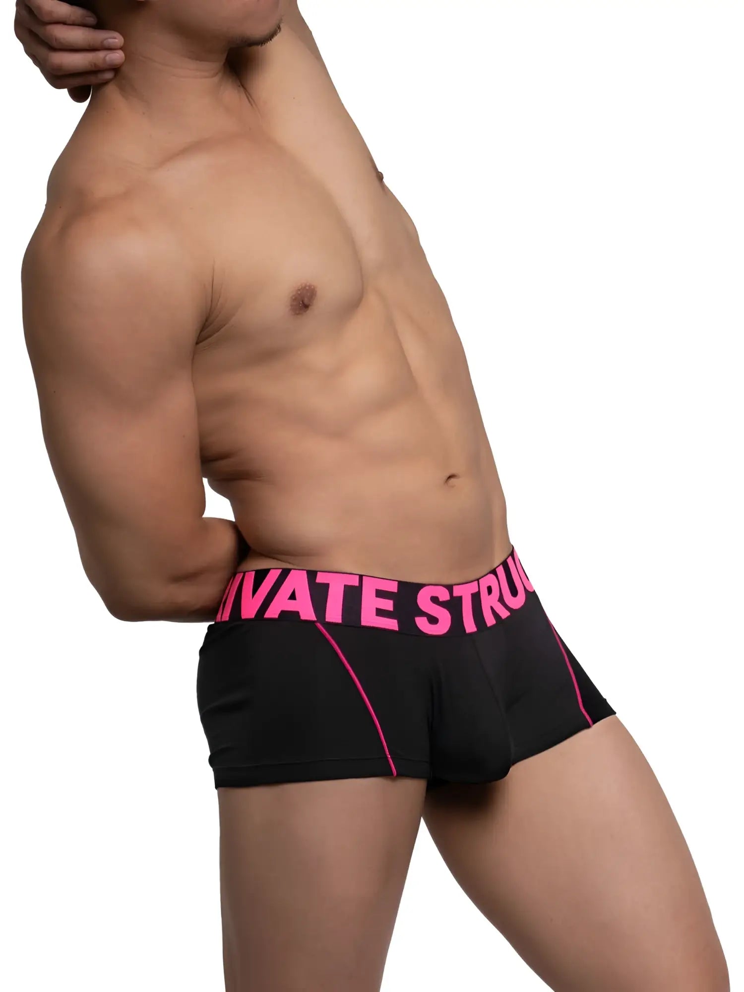 Black Private Structure PMUX4182 modality trunks boxer briefs with vibrant pink trim and bold Private Struggle waistband