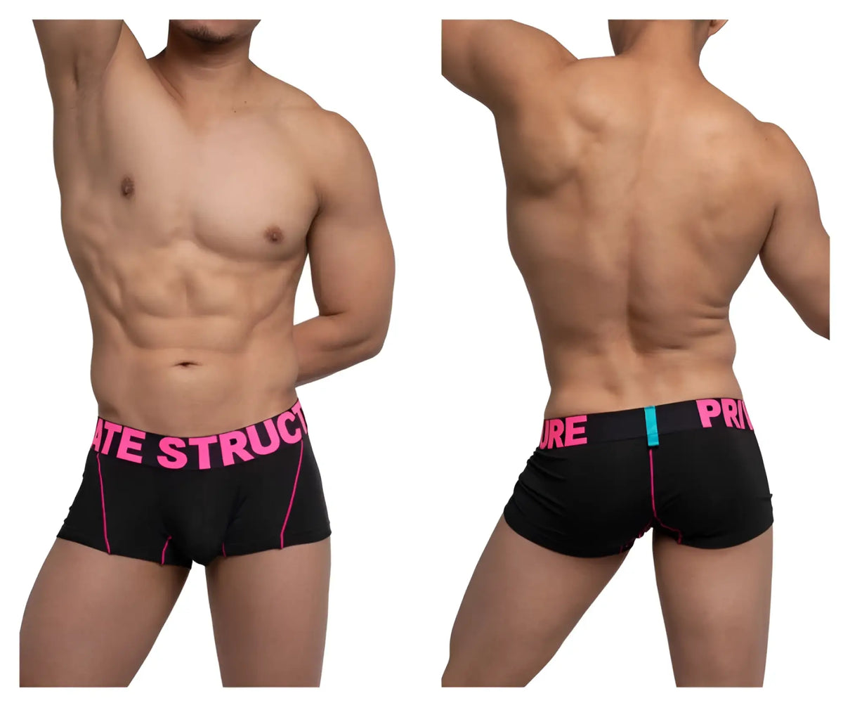 Black boxer briefs private structure pmux4182 modality trunks with vibrant pink trim and bold waistband branding