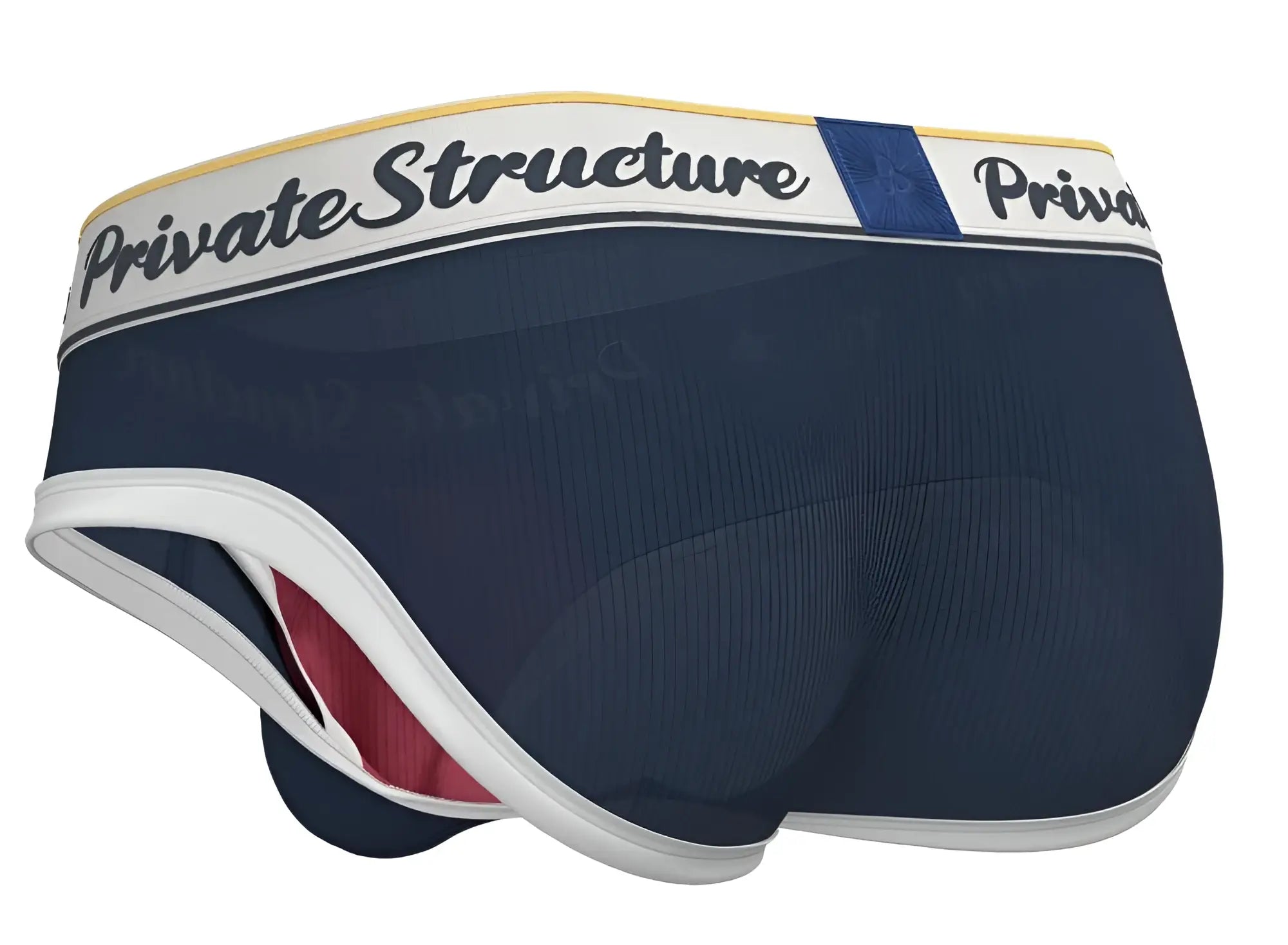 Navy blue men’s briefs with white trim and private structure logo band mid waist mini brief for everyday wear