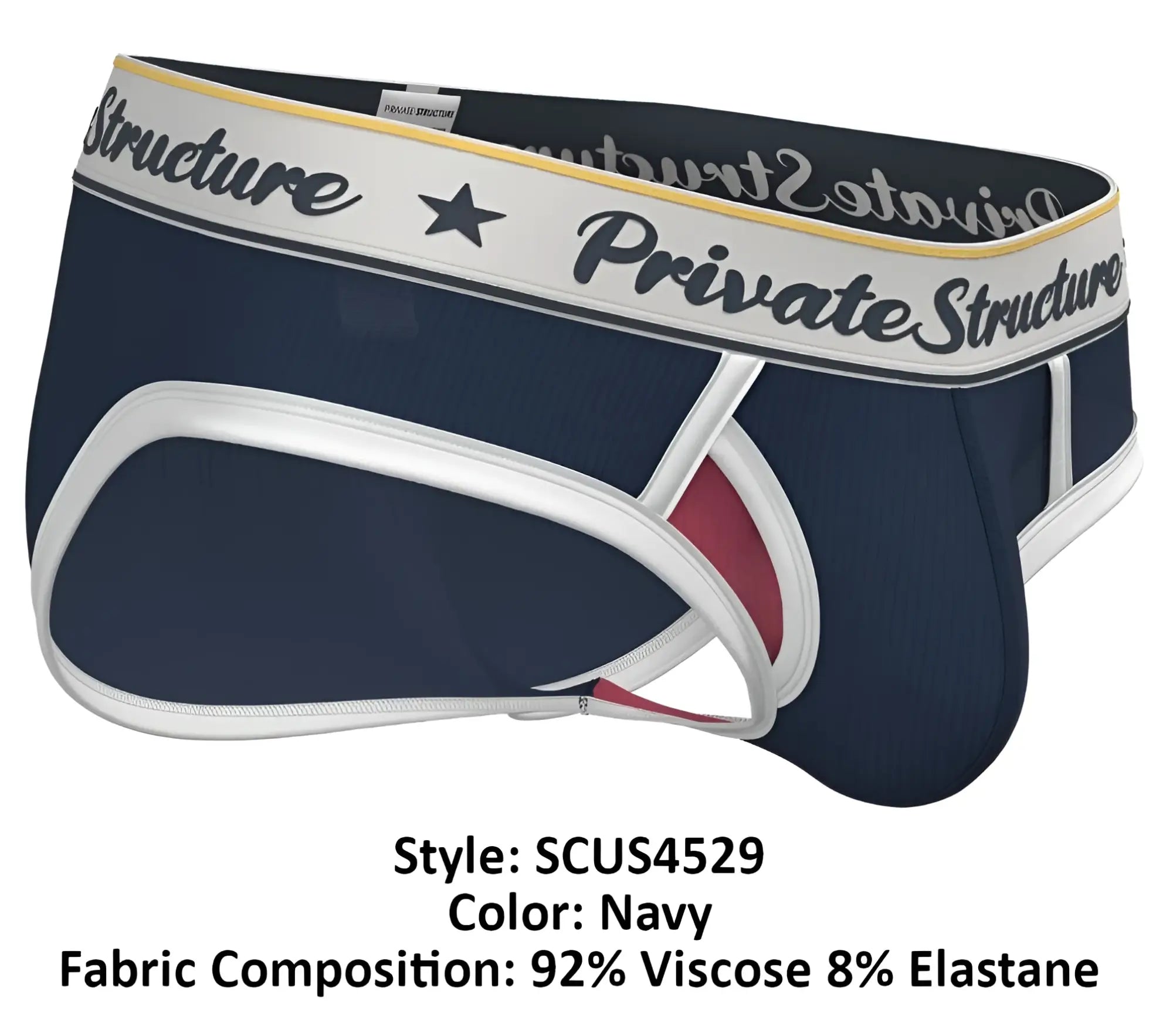 Navy blue private structure classic mid waist men’s briefs with white and red trim and branded waistband