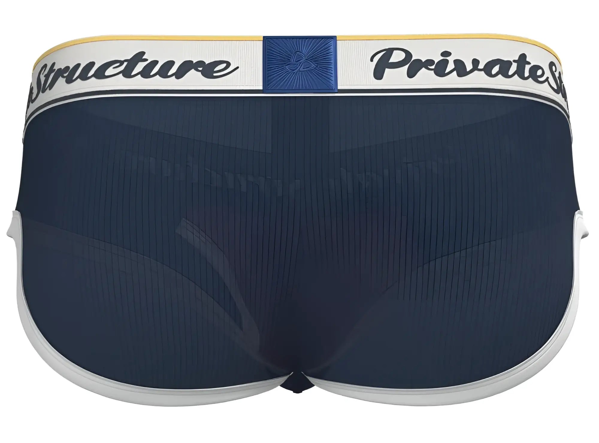 Navy blue mesh mid waist mini briefs with white trim and branded waistband by private structure