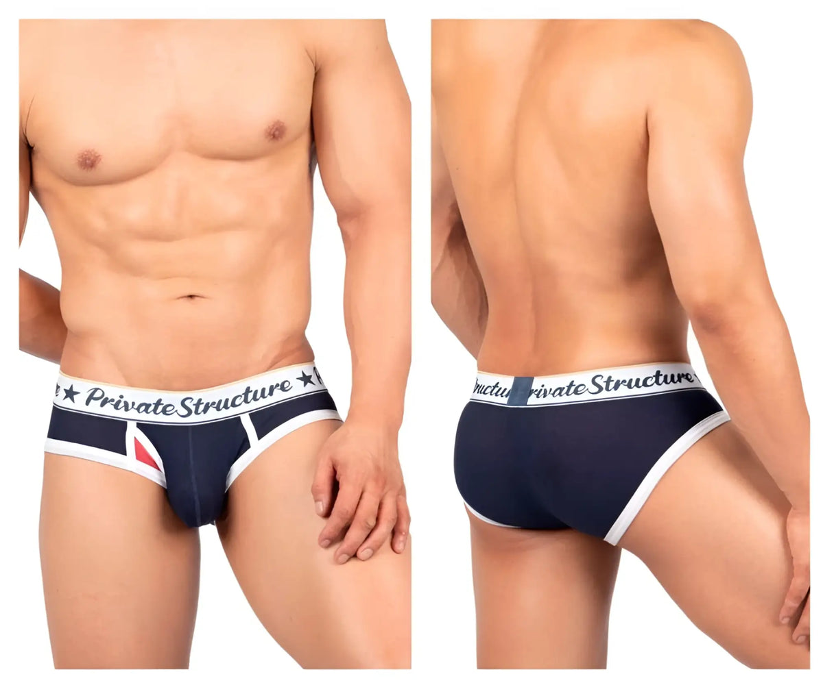 Navy blue and white Private Structure classic mid waist mini brief with branded waistband for men