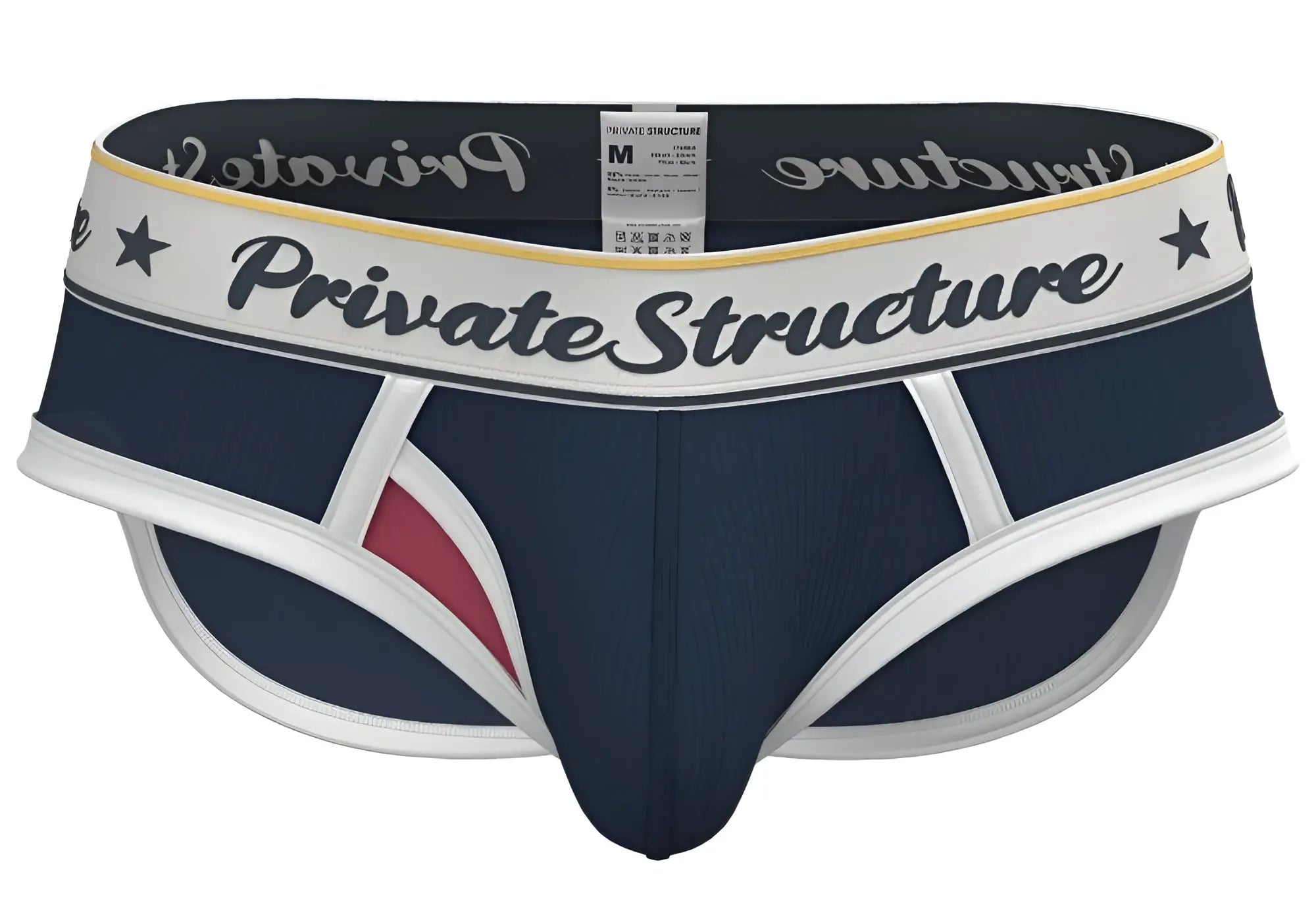 Navy blue and white men’s briefs with red accent and private structure logo on waistband classic mid waist design