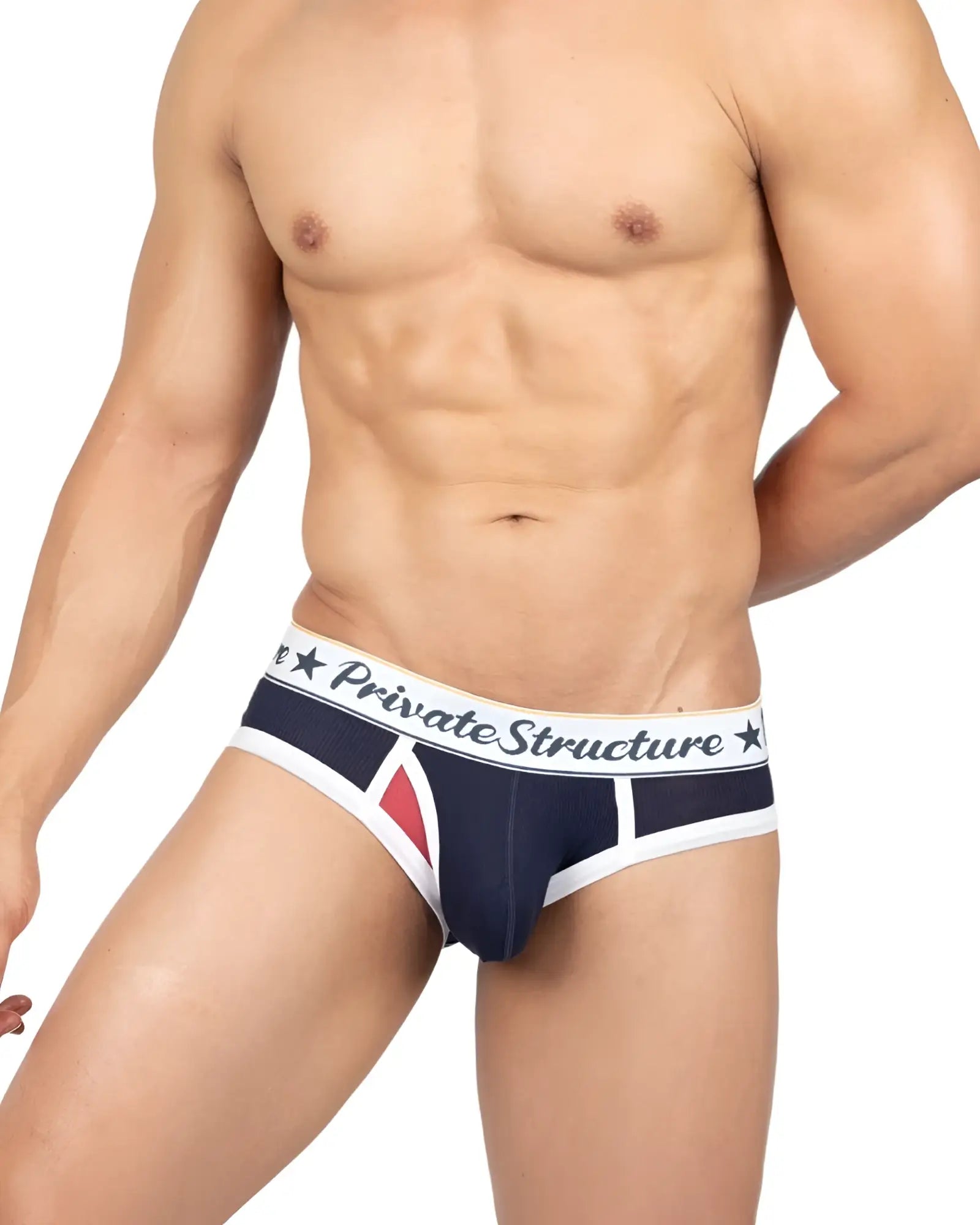 Navy blue and white men’s briefs with red triangle accent and private structure branded waistband classic mid waist design