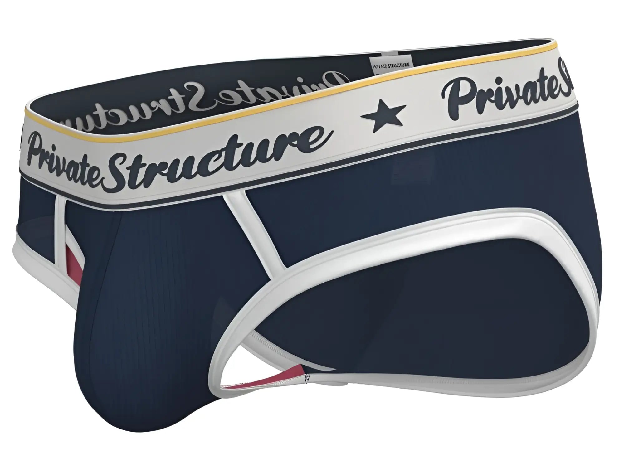 Navy blue and white men’s briefs mid waist with branded private structure waistband logo in black script