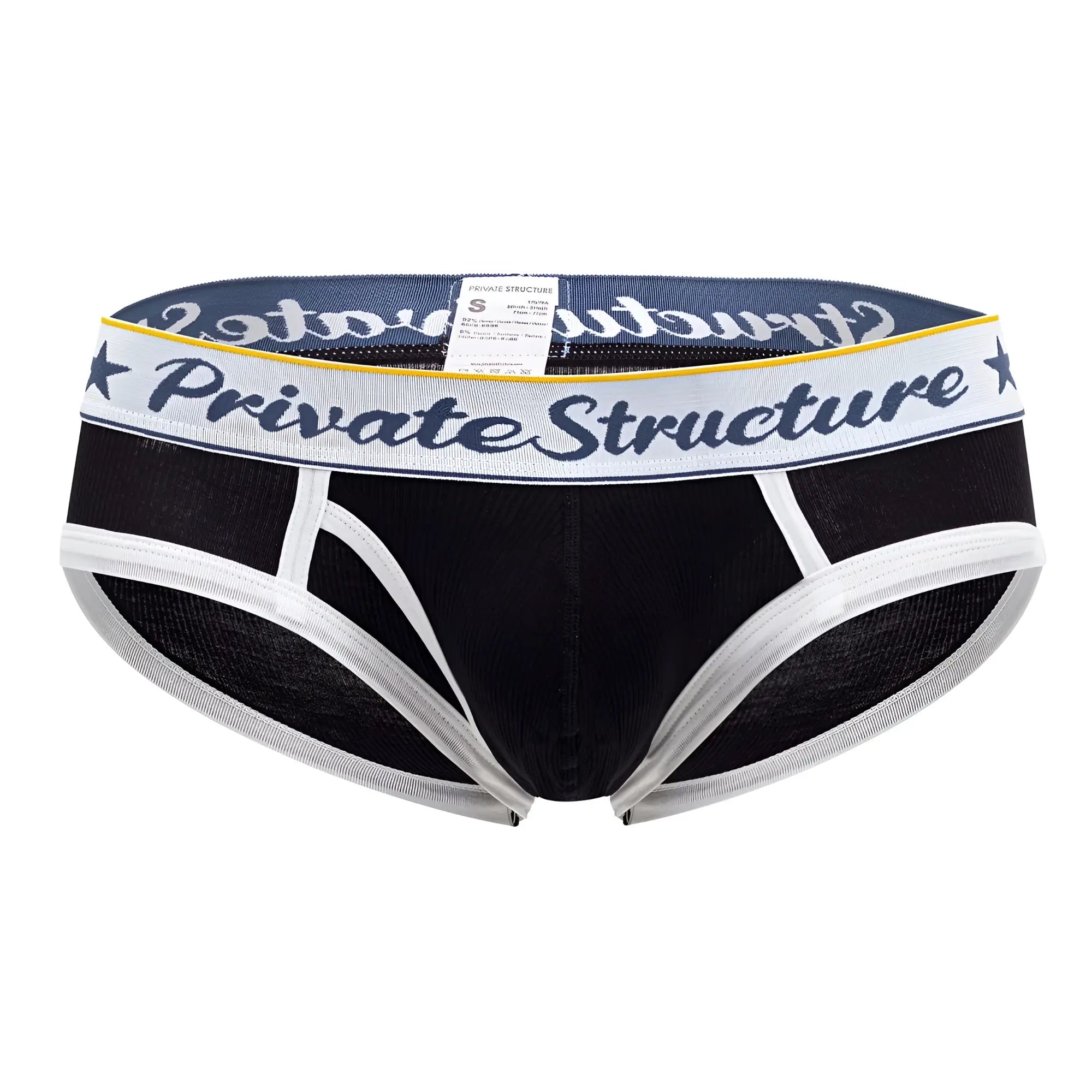 Black private structure classic mid waist mini briefs with white trim navy blue waistband and dark gray logo script