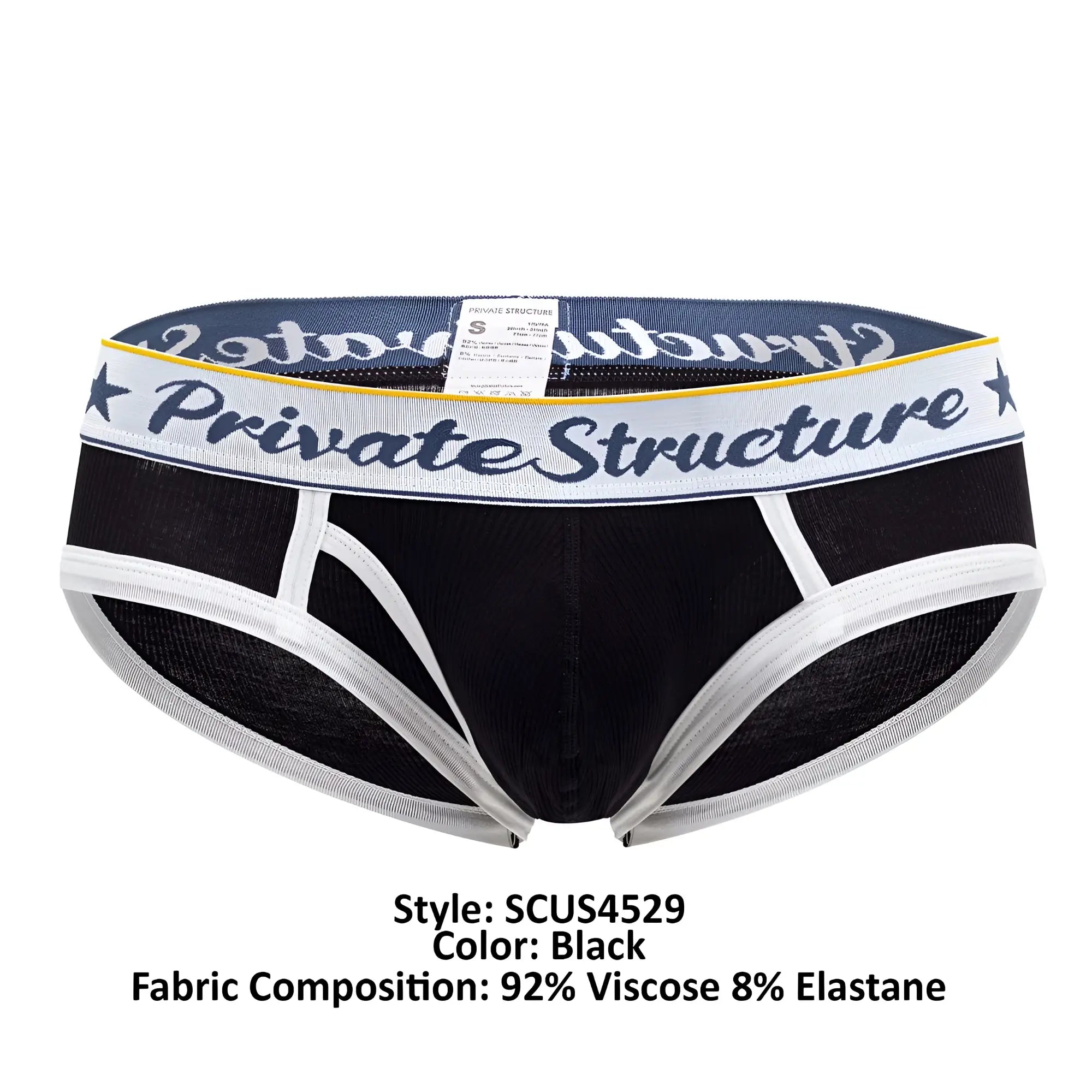 Black private structure mid waist mini briefs with navy waistband logo and star motifs accented by yellow trim