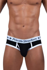 Black and white private structure classic mid waist mini briefs with branded waistband in black color