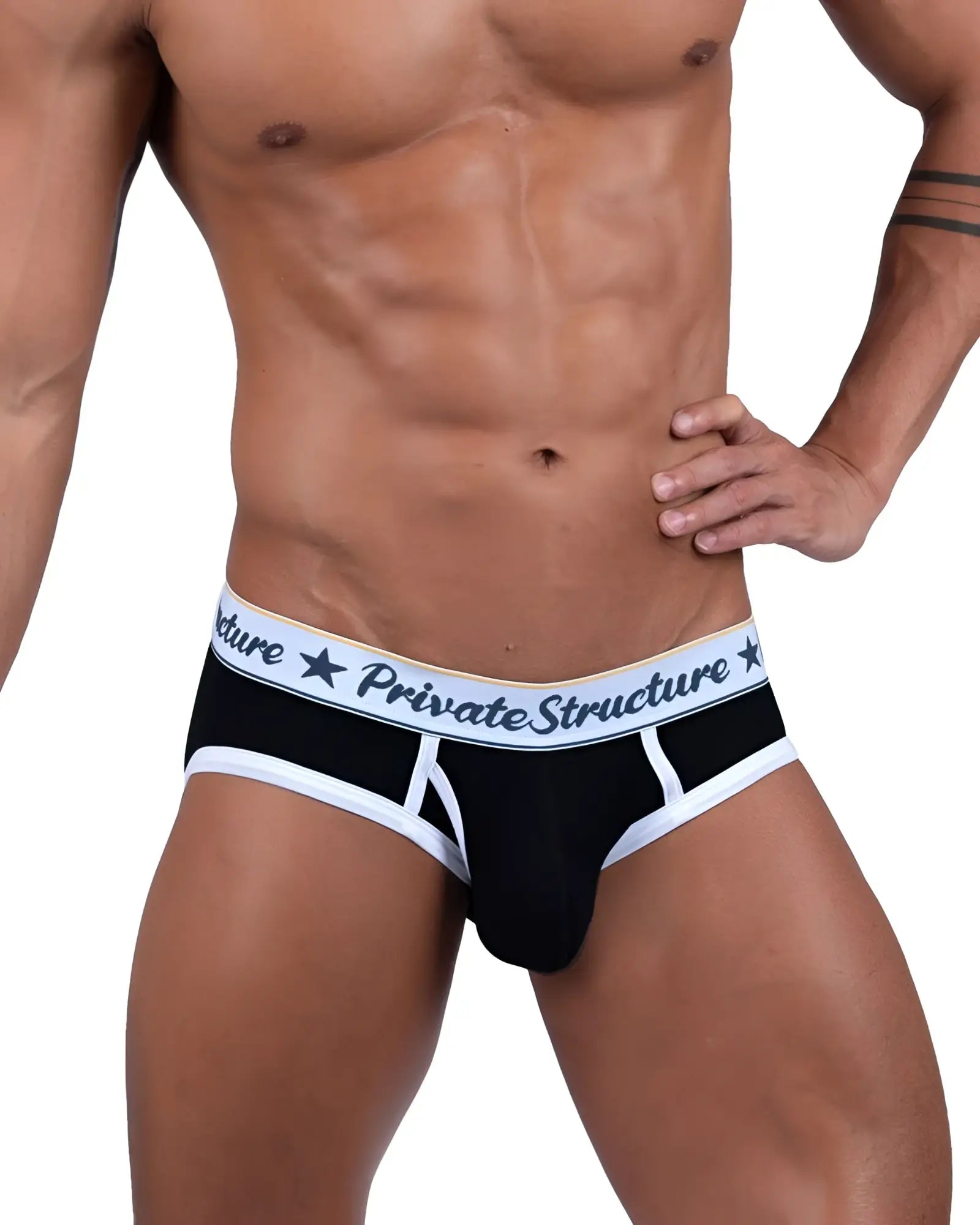 Black and white private structure mid waist mini briefs with branded waistband for classic comfort and support