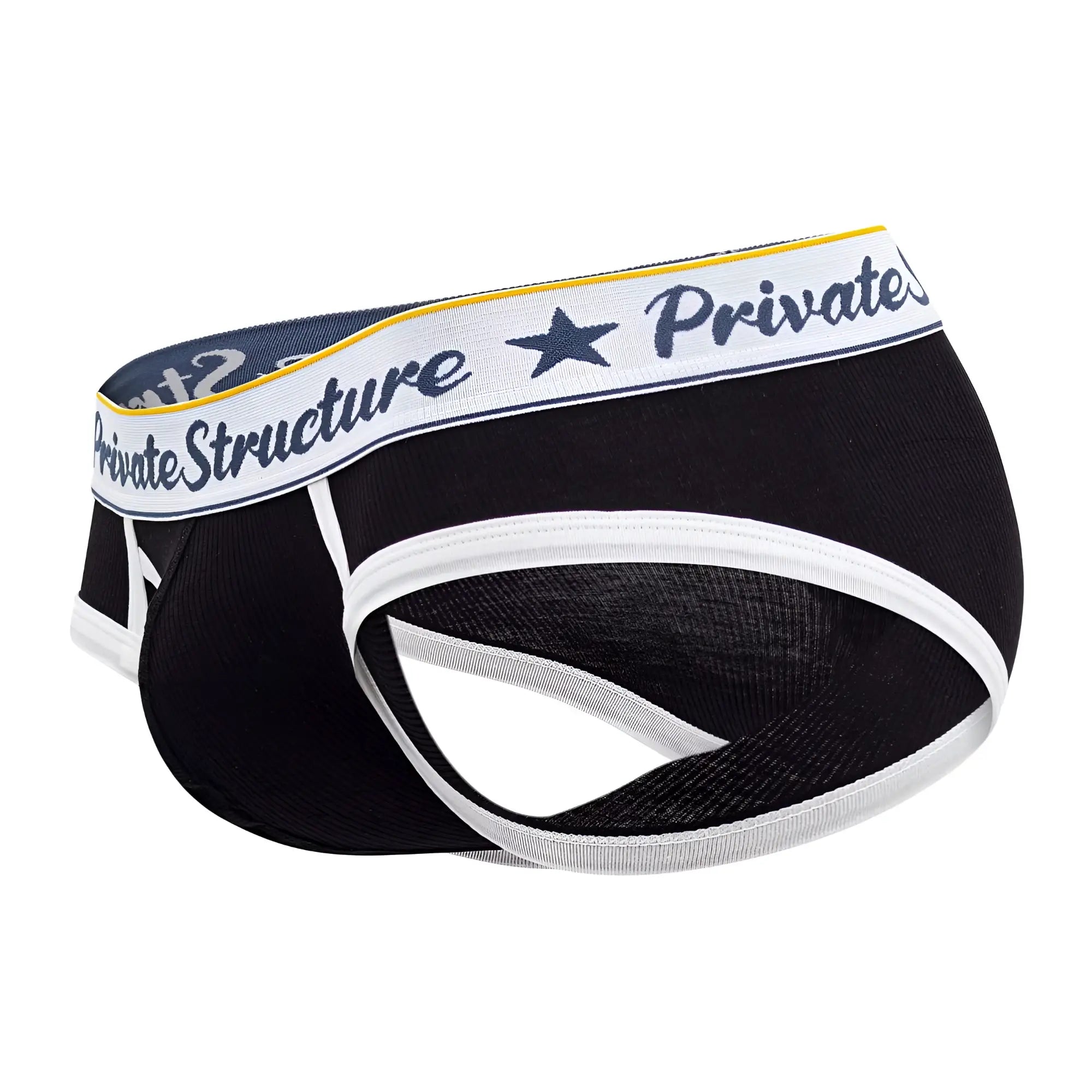 Black and white private structure classic mid waist mini briefs with navy waistband and yellow trim in front view