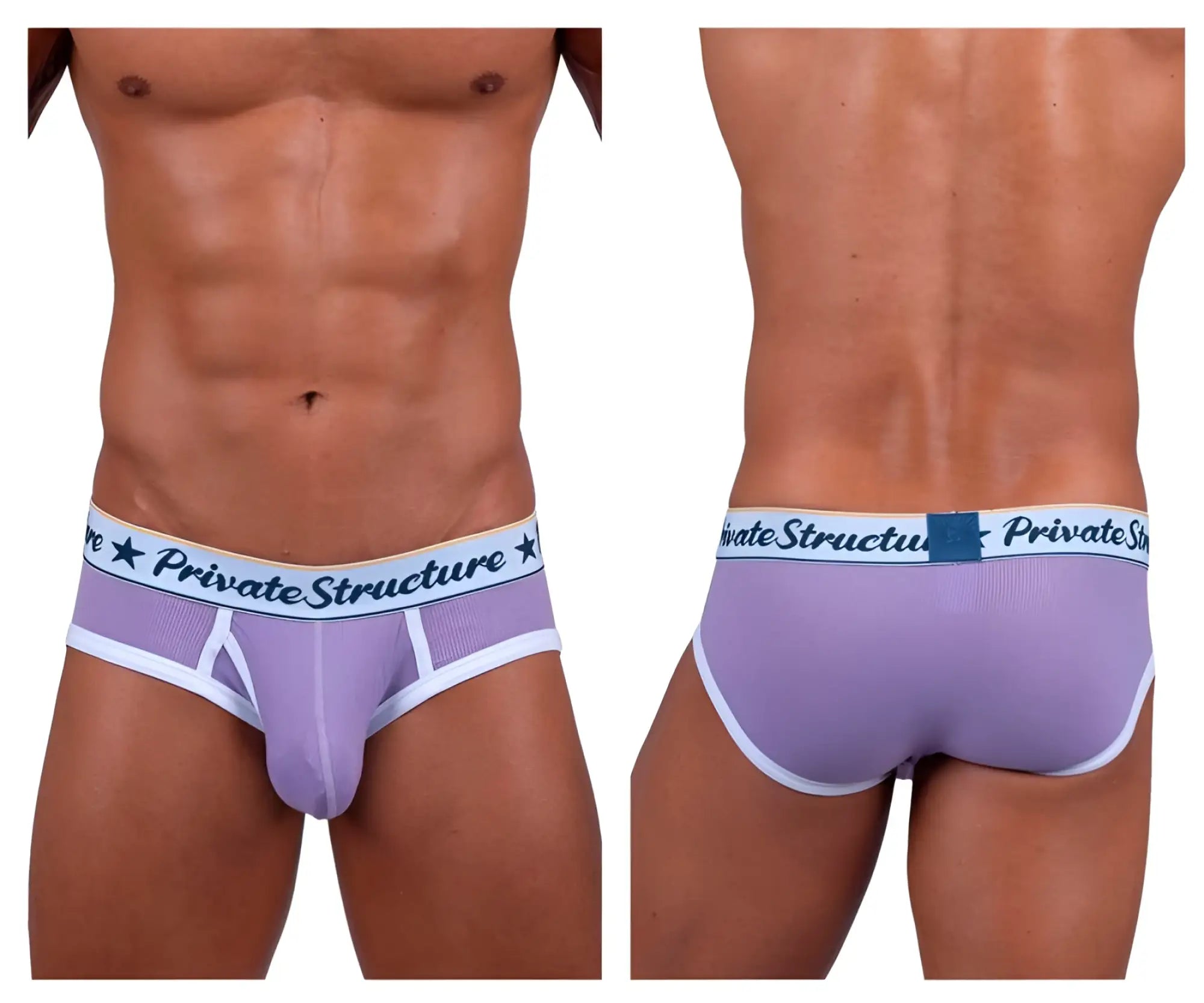 Lavender mesh briefs with white trim and private structure branding on the waistband classic mid waist mini briefs