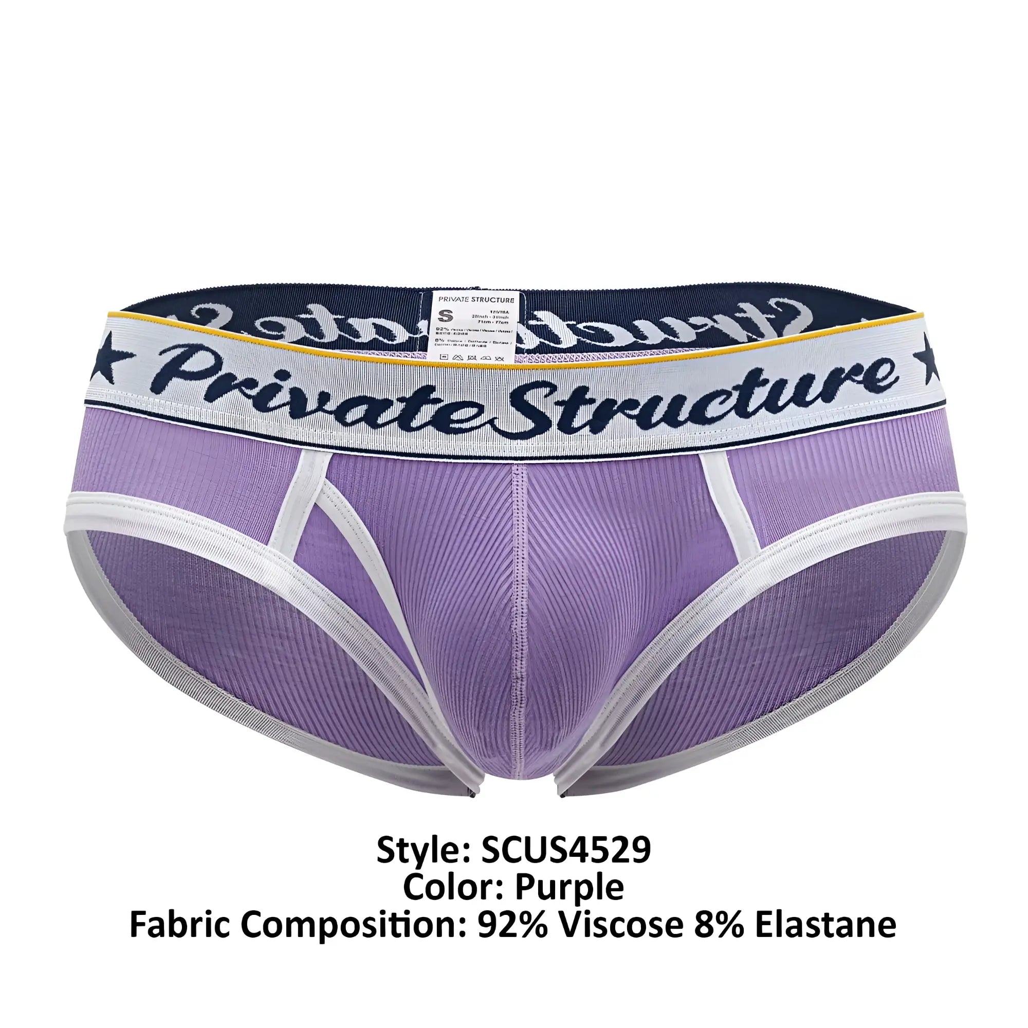 Purple private structure classic mid waist mini briefs with white and navy elastic waistband in black script