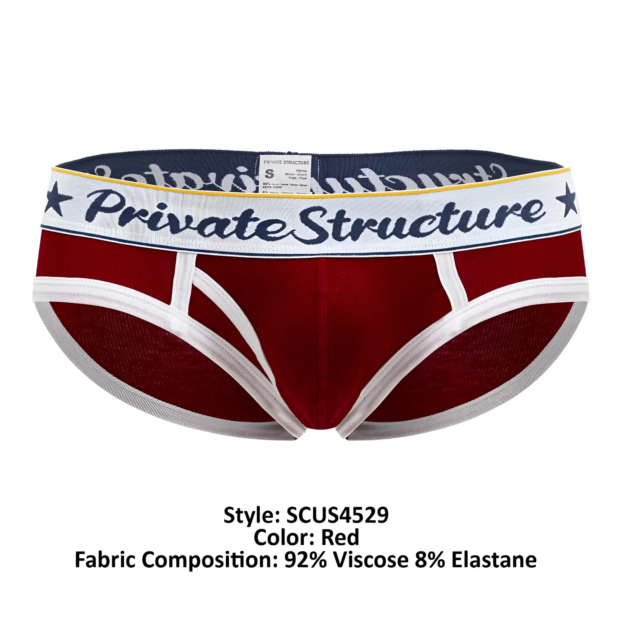 Red private structure classic mid waist mini briefs with white trim and navy waistband featuring logo