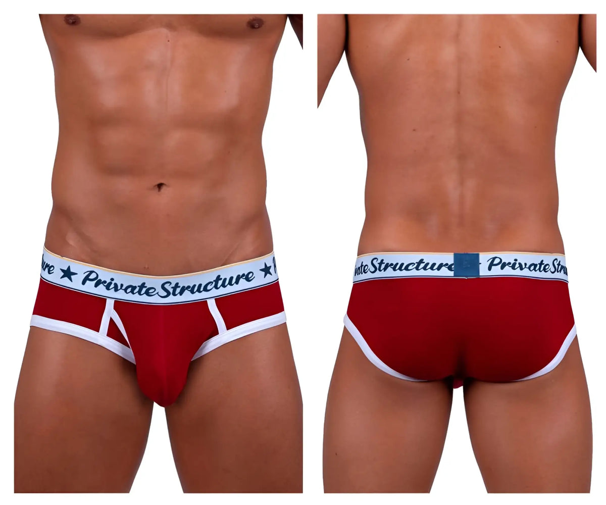 Red private structure classic mid waist mini briefs with white trim and branded waistband for men