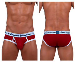Red private structure classic mid waist mini briefs with white trim and branded waistband for men